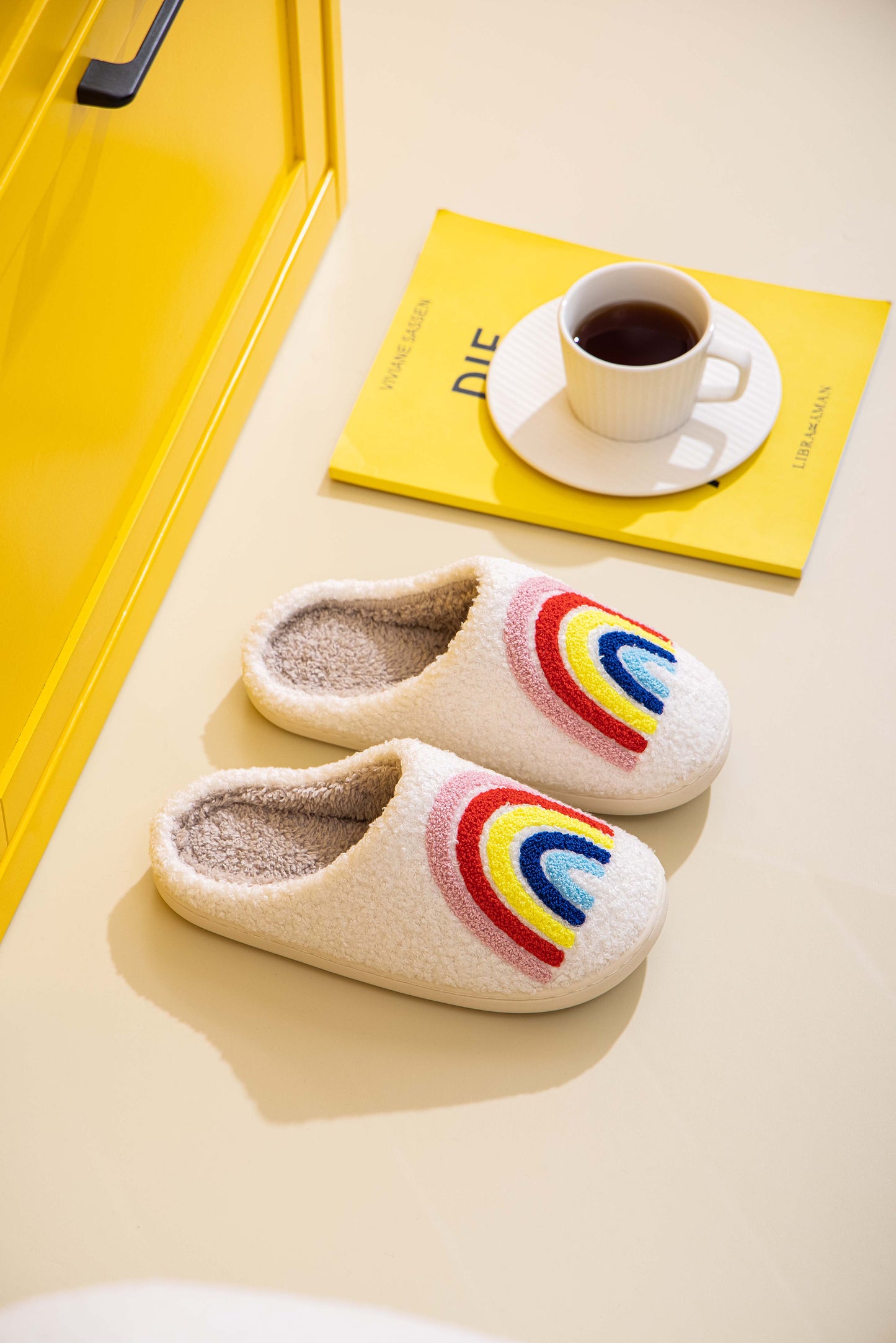 Rainbow Illustrated Comfort Cozy Plush Fluffy Fur Slip On Cushion Slippers