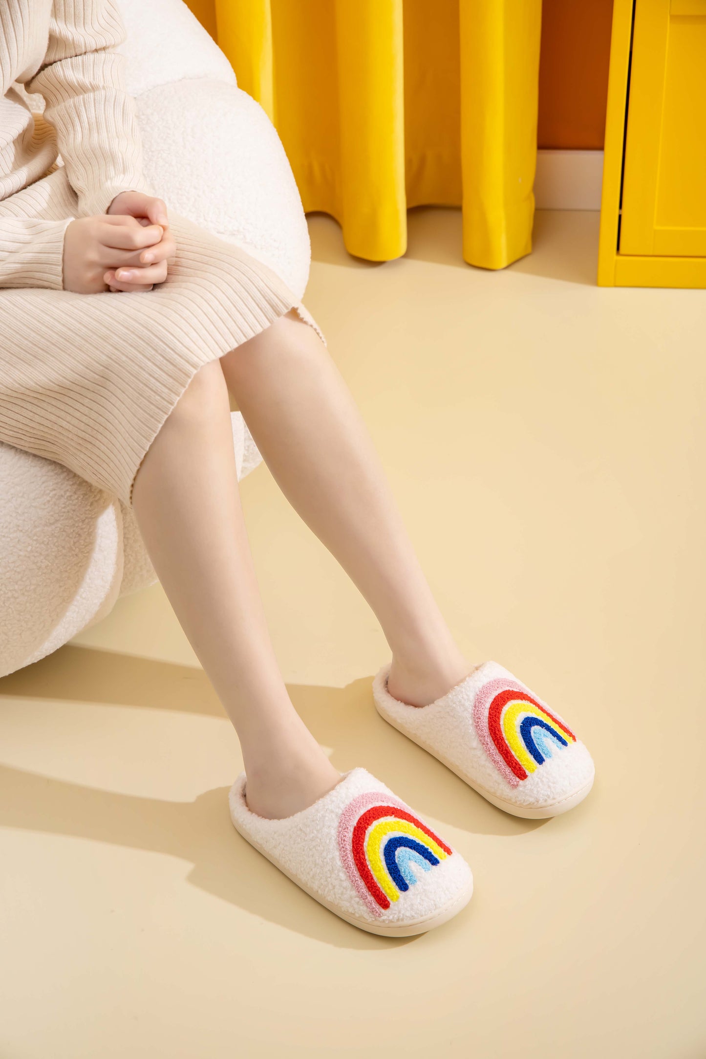 Rainbow Illustrated Comfort Cozy Plush Fluffy Fur Slip On Cushion Slippers