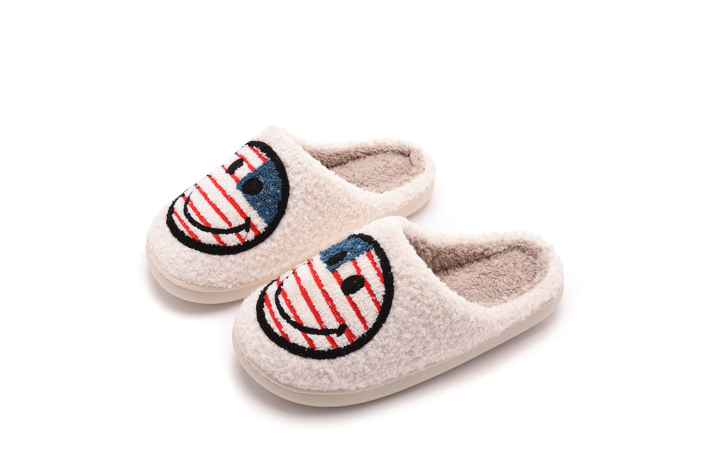 Retro Smile Face Patch Fur Slippers