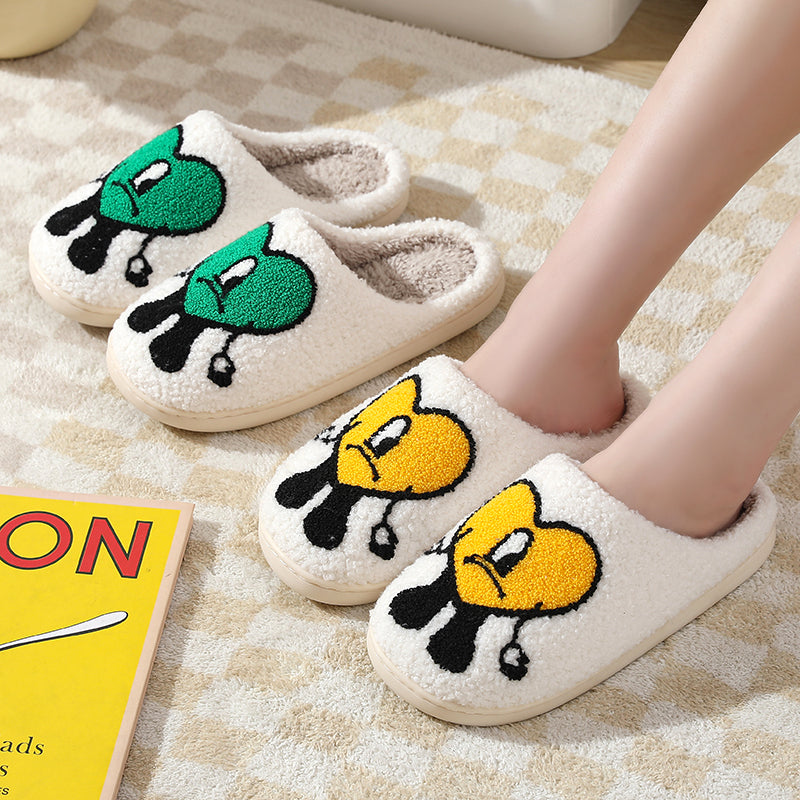 Love Cute Cartoon Illustrated Comfort Cozy Plush Fluffy Fur Slip On Cushion Slippers