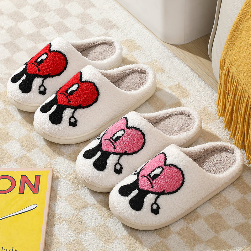 Love Cute Cartoon Illustrated Comfort Cozy Plush Fluffy Fur Slip On Cushion Slippers