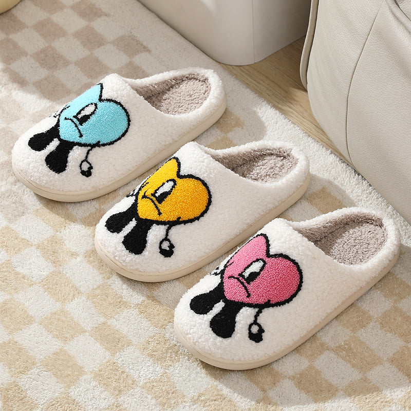 Love Cute Cartoon Illustrated Comfort Cozy Plush Fluffy Fur Slip On Cushion Slippers