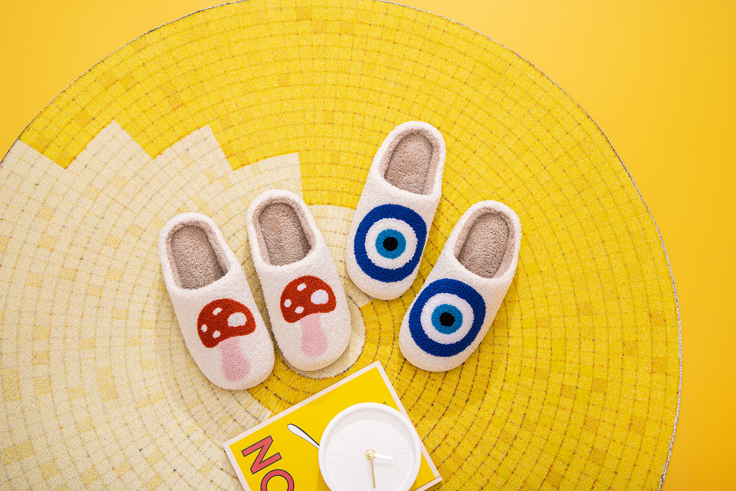 Blue Evileye Illustrated Comfort Cozy Plush Fluffy Fur Slip On Cushion Slippers