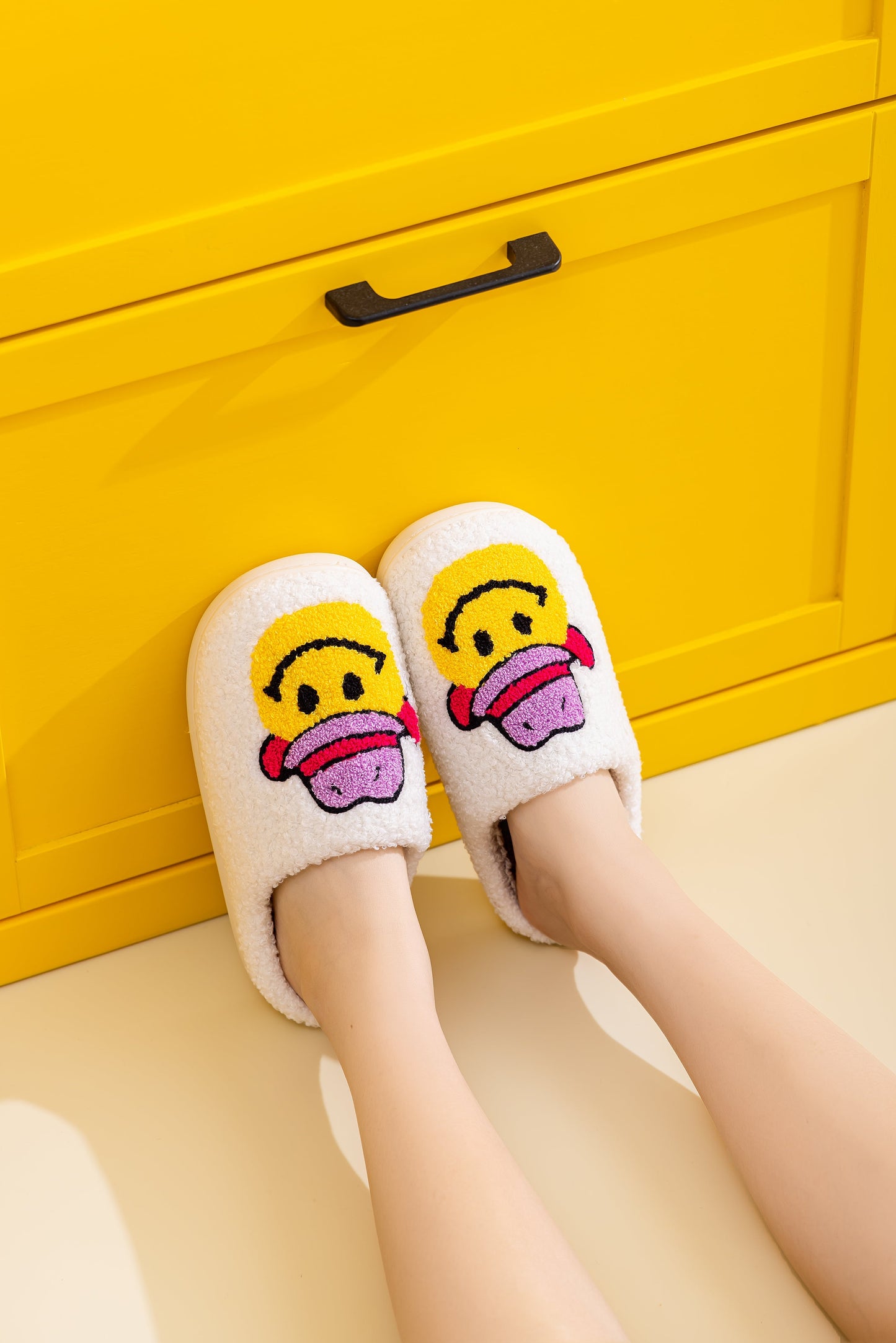 Cowboy Smile Face Comfort Cozy Plush Fluffy Fur Slip On Cushion Slippers