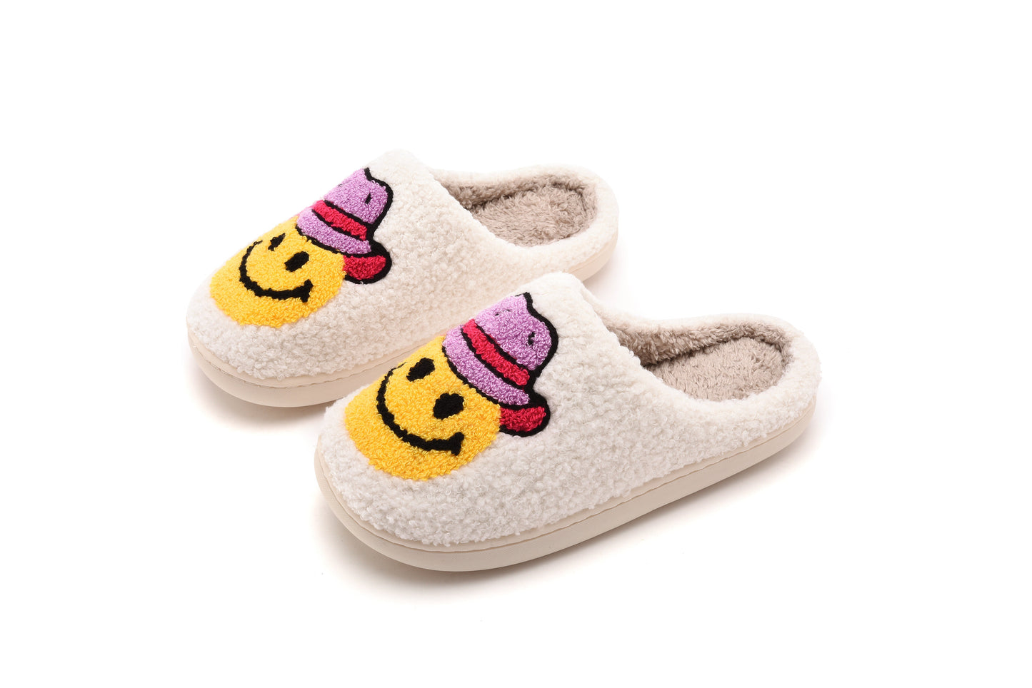 Cowboy Smile Face Comfort Cozy Plush Fluffy Fur Slip On Cushion Slippers