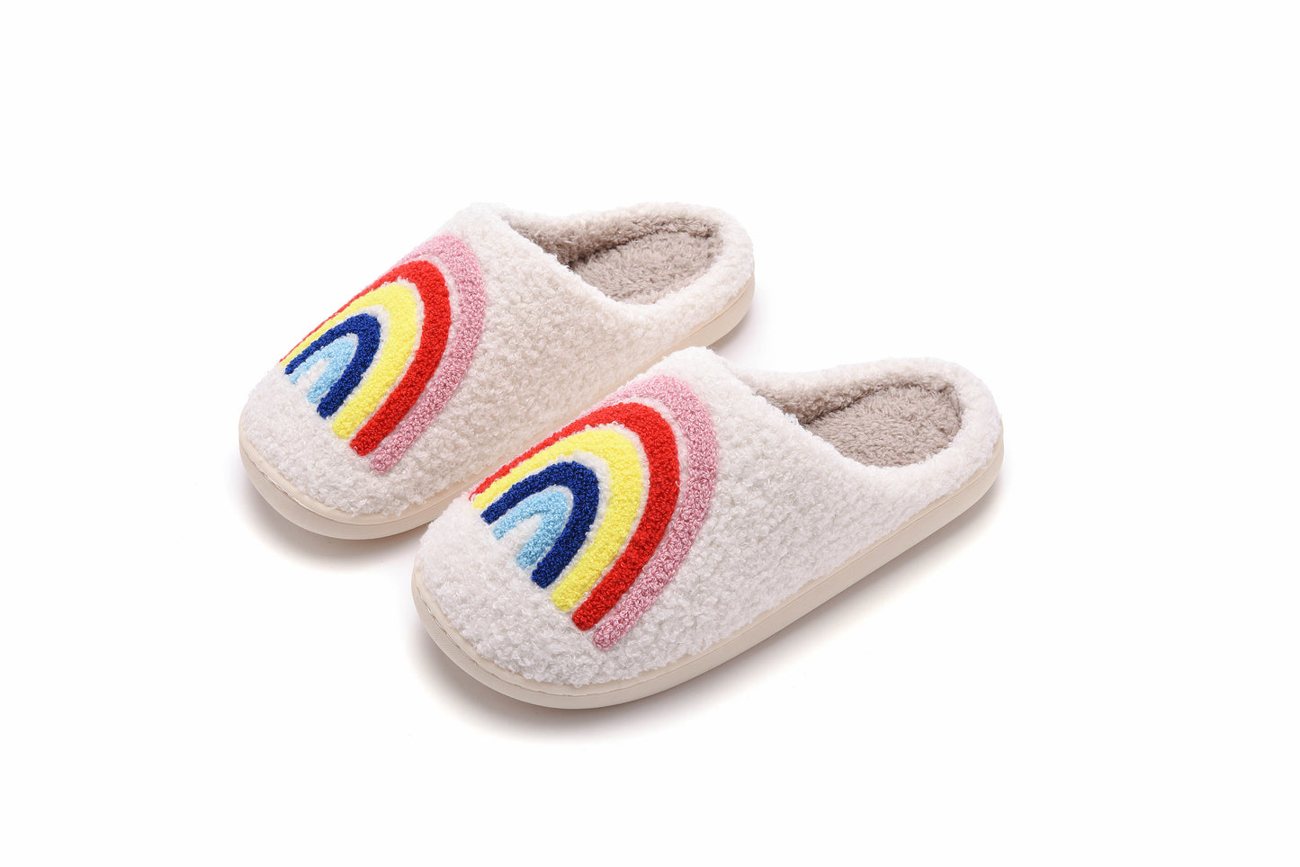 Rainbow Illustrated Comfort Cozy Plush Fluffy Fur Slip On Cushion Slippers