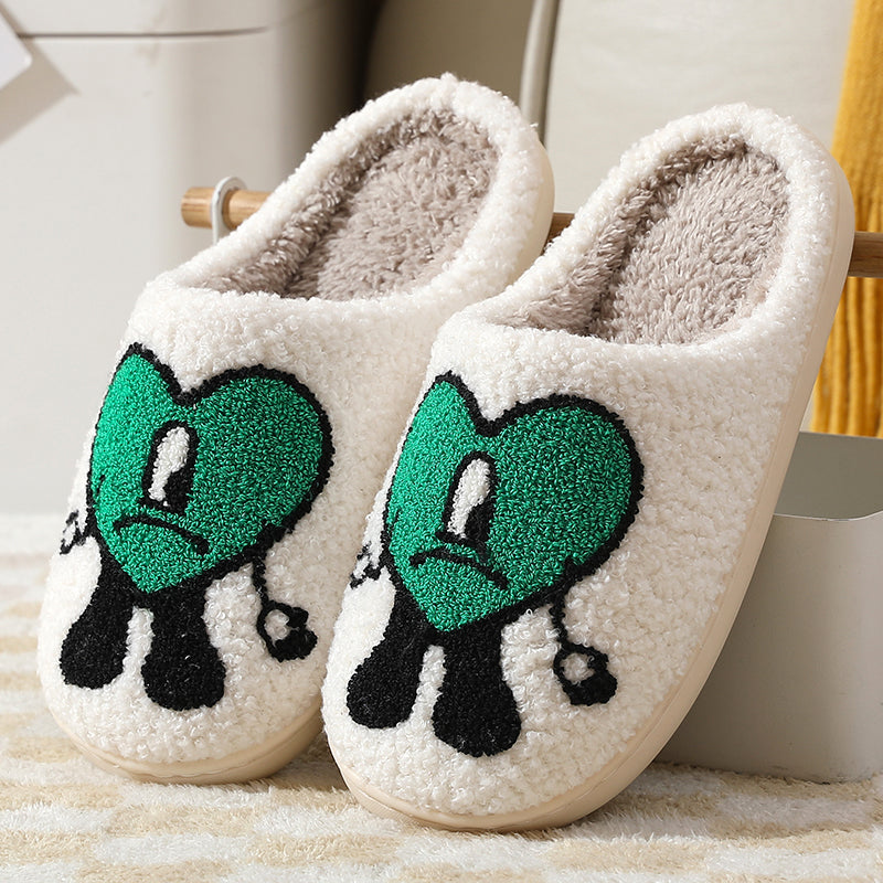 Love Cute Cartoon Illustrated Comfort Cozy Plush Fluffy Fur Slip On Cushion Slippers