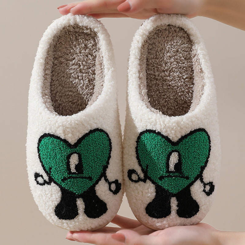 Love Cute Cartoon Illustrated Comfort Cozy Plush Fluffy Fur Slip On Cushion Slippers