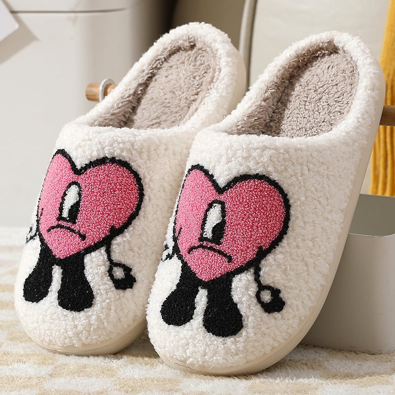 Love Cute Cartoon Illustrated Comfort Cozy Plush Fluffy Fur Slip On Cushion Slippers