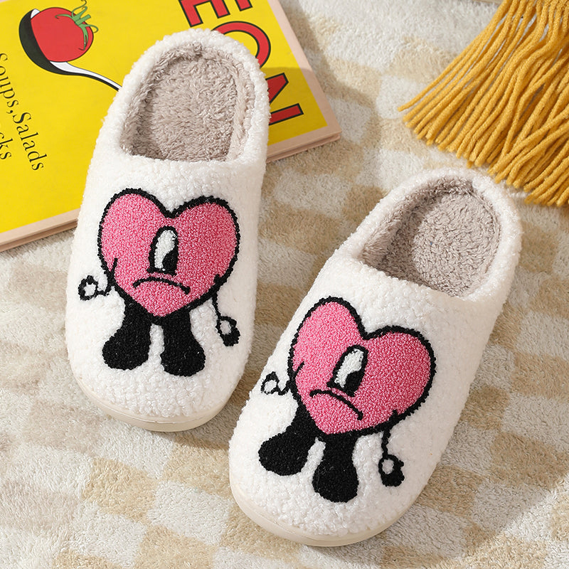 Love Cute Cartoon Illustrated Comfort Cozy Plush Fluffy Fur Slip On Cushion Slippers