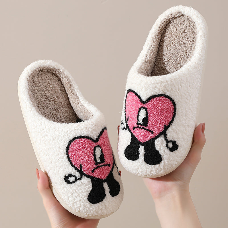 Love Cute Cartoon Illustrated Comfort Cozy Plush Fluffy Fur Slip On Cushion Slippers