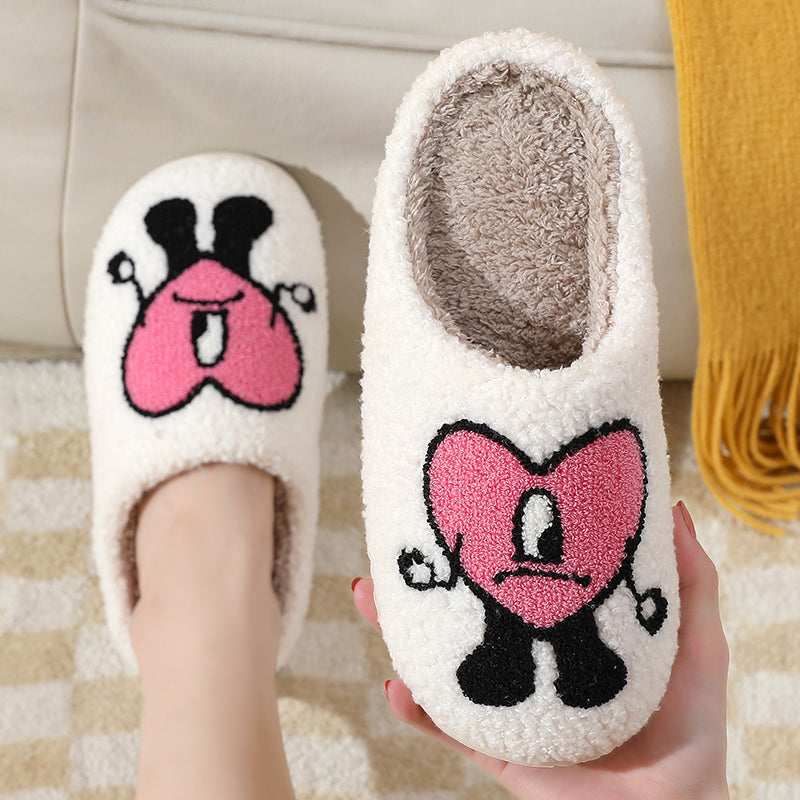 Love Cute Cartoon Illustrated Comfort Cozy Plush Fluffy Fur Slip On Cushion Slippers