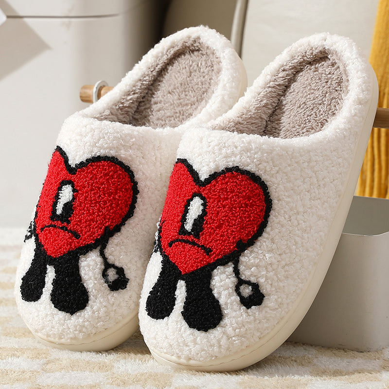 Love Cute Cartoon Illustrated Comfort Cozy Plush Fluffy Fur Slip On Cushion Slippers