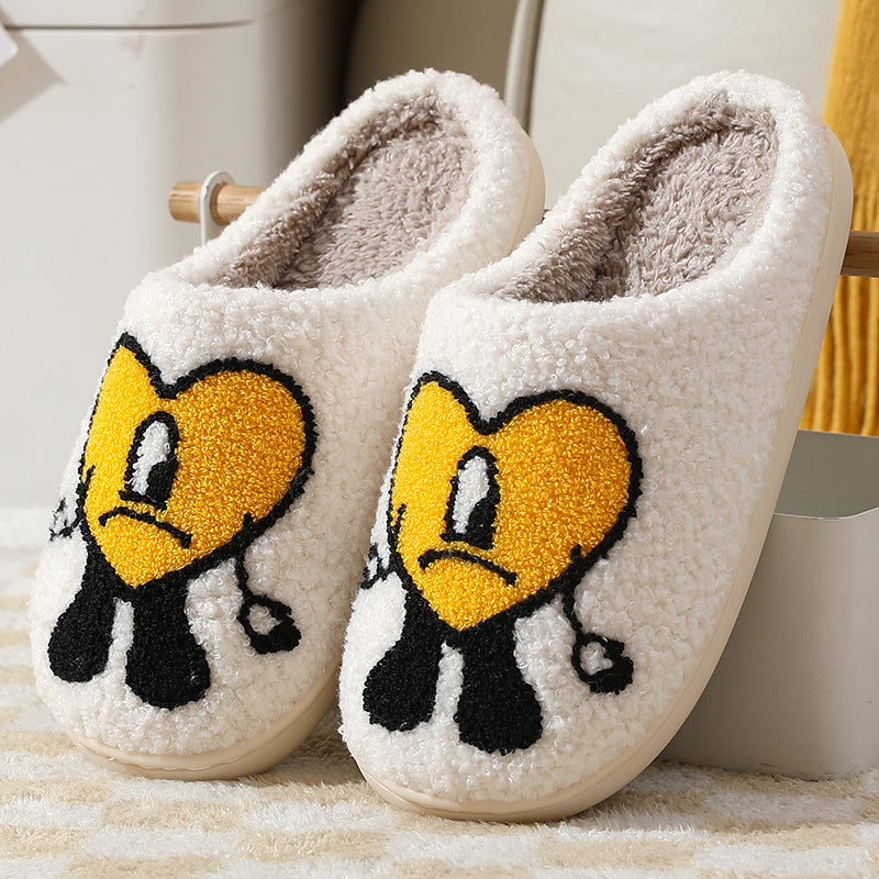 Love Cute Cartoon Illustrated Comfort Cozy Plush Fluffy Fur Slip On Cushion Slippers