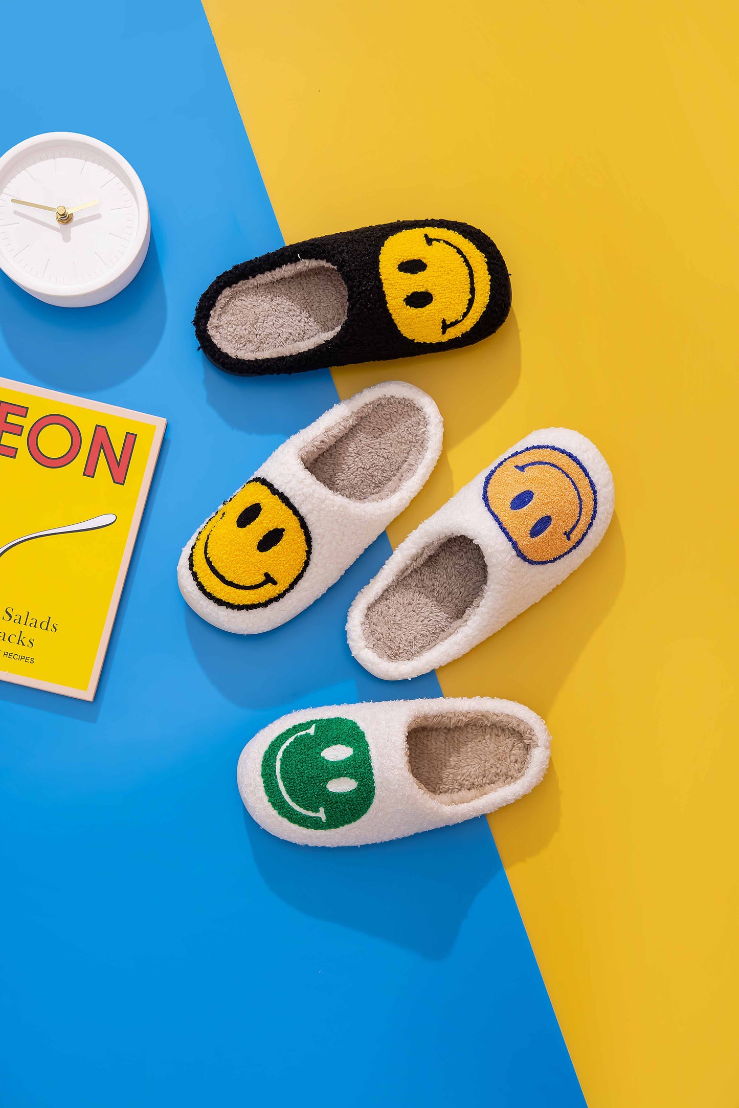 Retro Smile Face Patch Fur Slippers