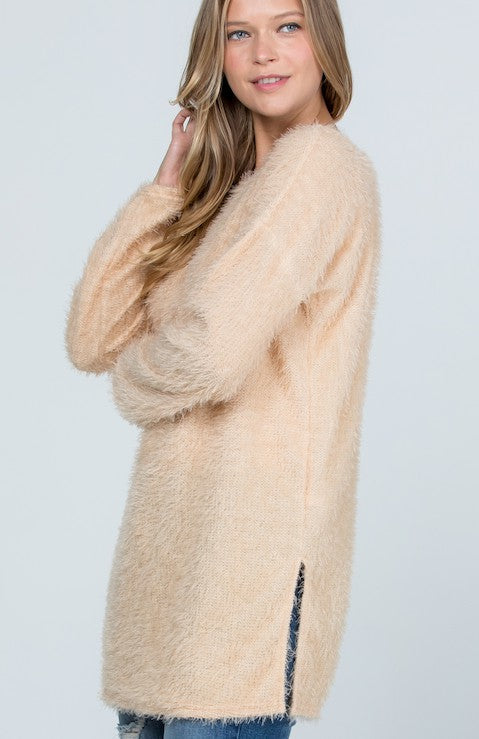 Women Boat Neck Fuzzy Furry Sweater Knit Pullover Loose Fit Tunic Top