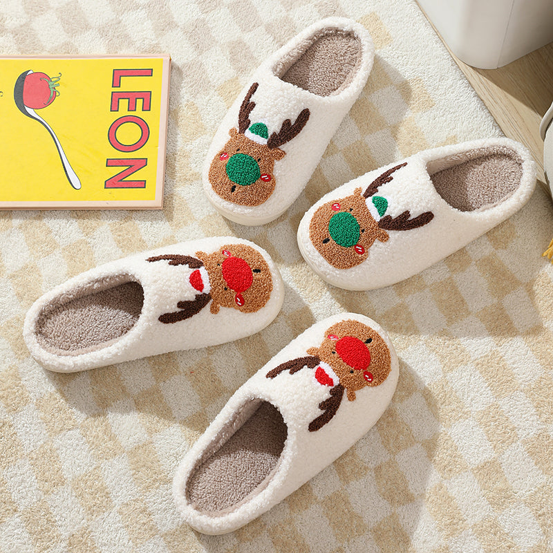 Christmas Reindeer Illustrated Comfort Cozy Plush Fluffy Fur Slip On Cushion Slippers