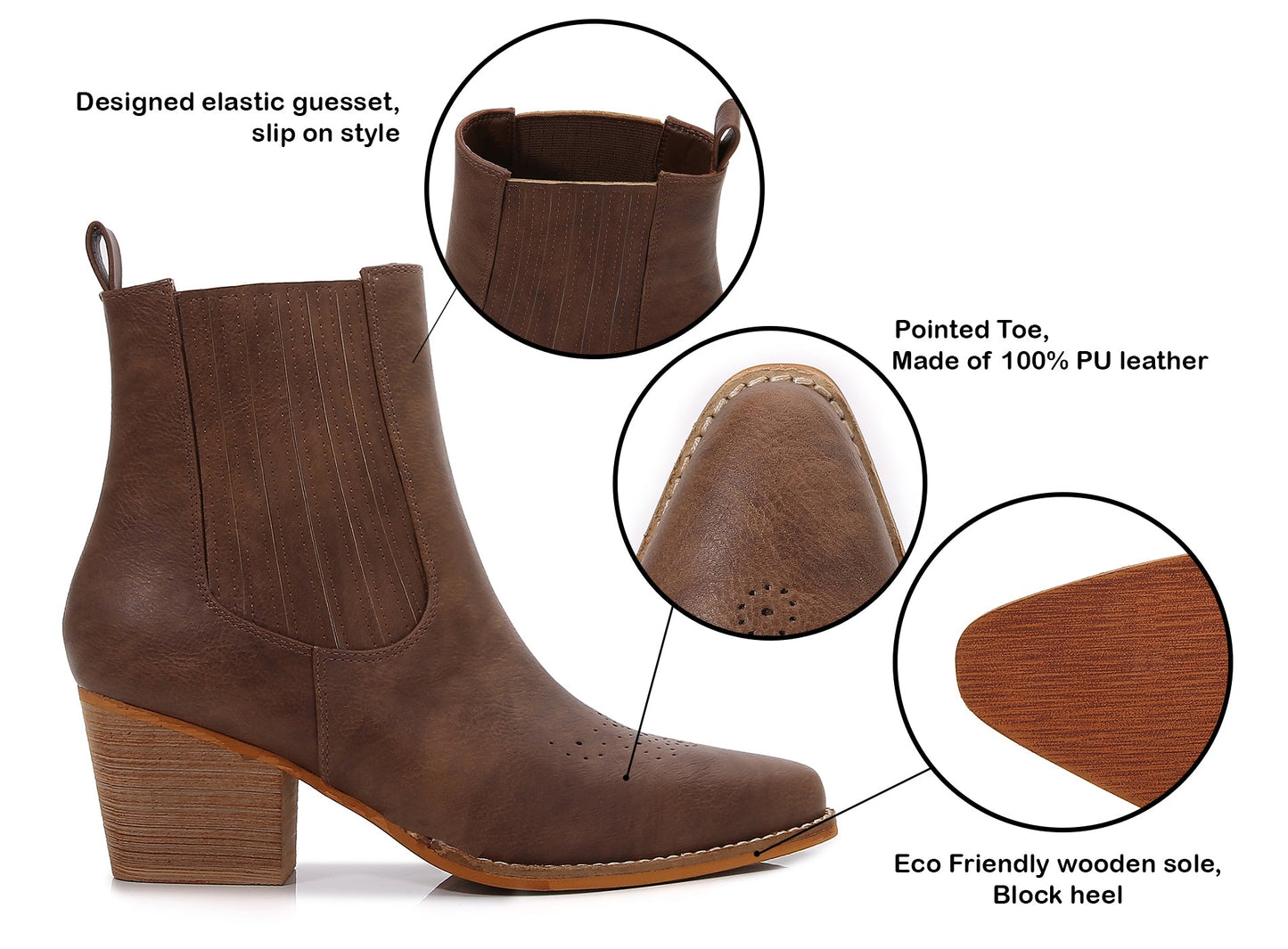 Women PU Leather Perforated Front Stacked Heel Ankle Boots with Elastic Side Gussets
