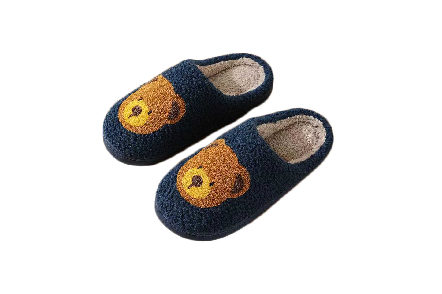 Cute Bear Illustrated Comfort Cozy Plush Fluffy Fur Slip On Cushion Slippers