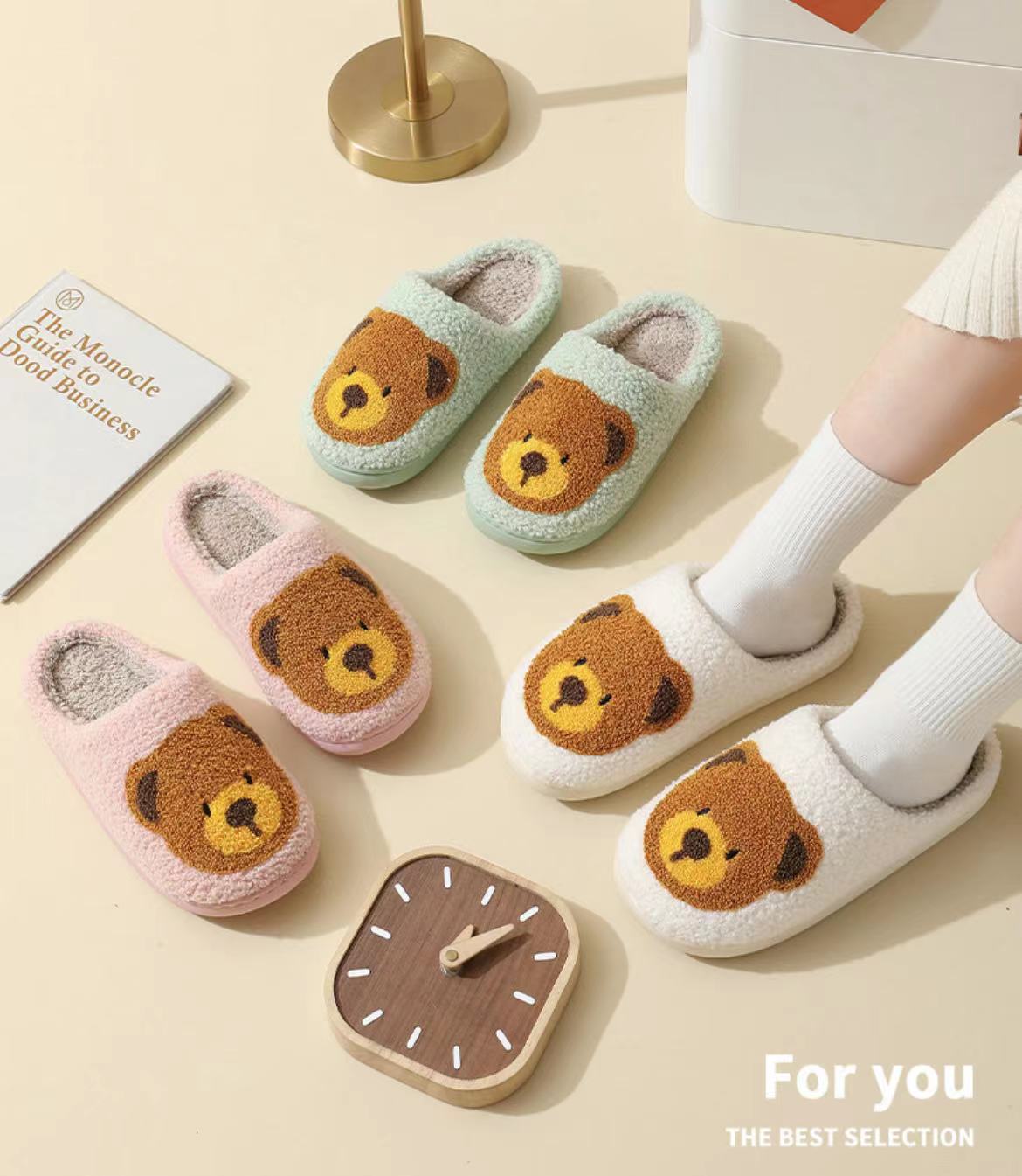 Cute Bear Illustrated Comfort Cozy Plush Fluffy Fur Slip On Cushion Slippers