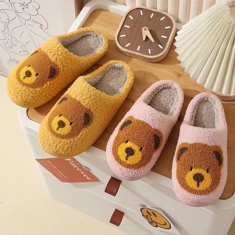 Cute Bear Illustrated Comfort Cozy Plush Fluffy Fur Slip On Cushion Slippers