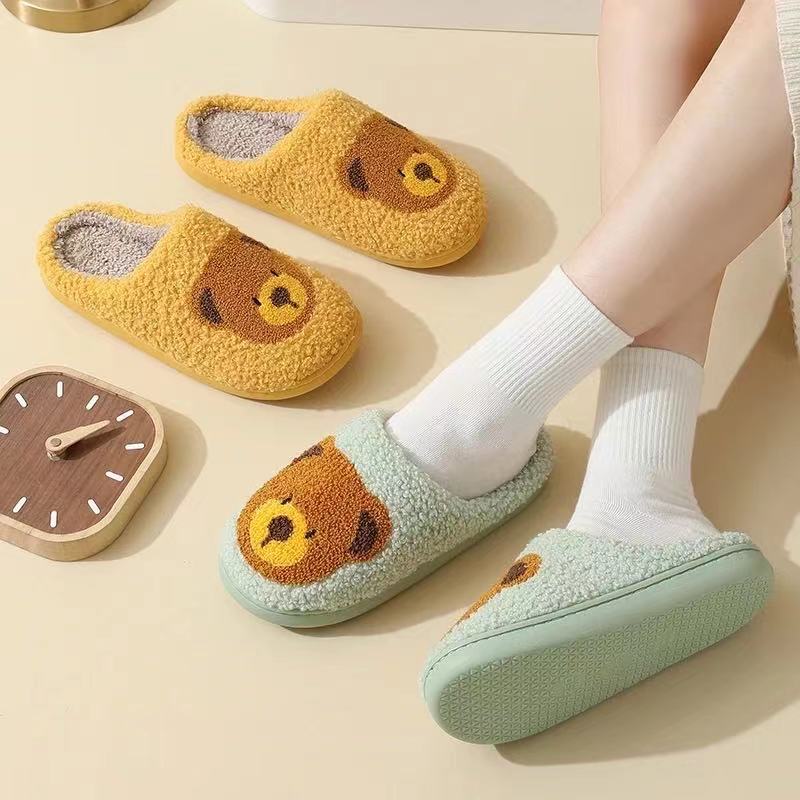 Cute Bear Illustrated Comfort Cozy Plush Fluffy Fur Slip On Cushion Slippers