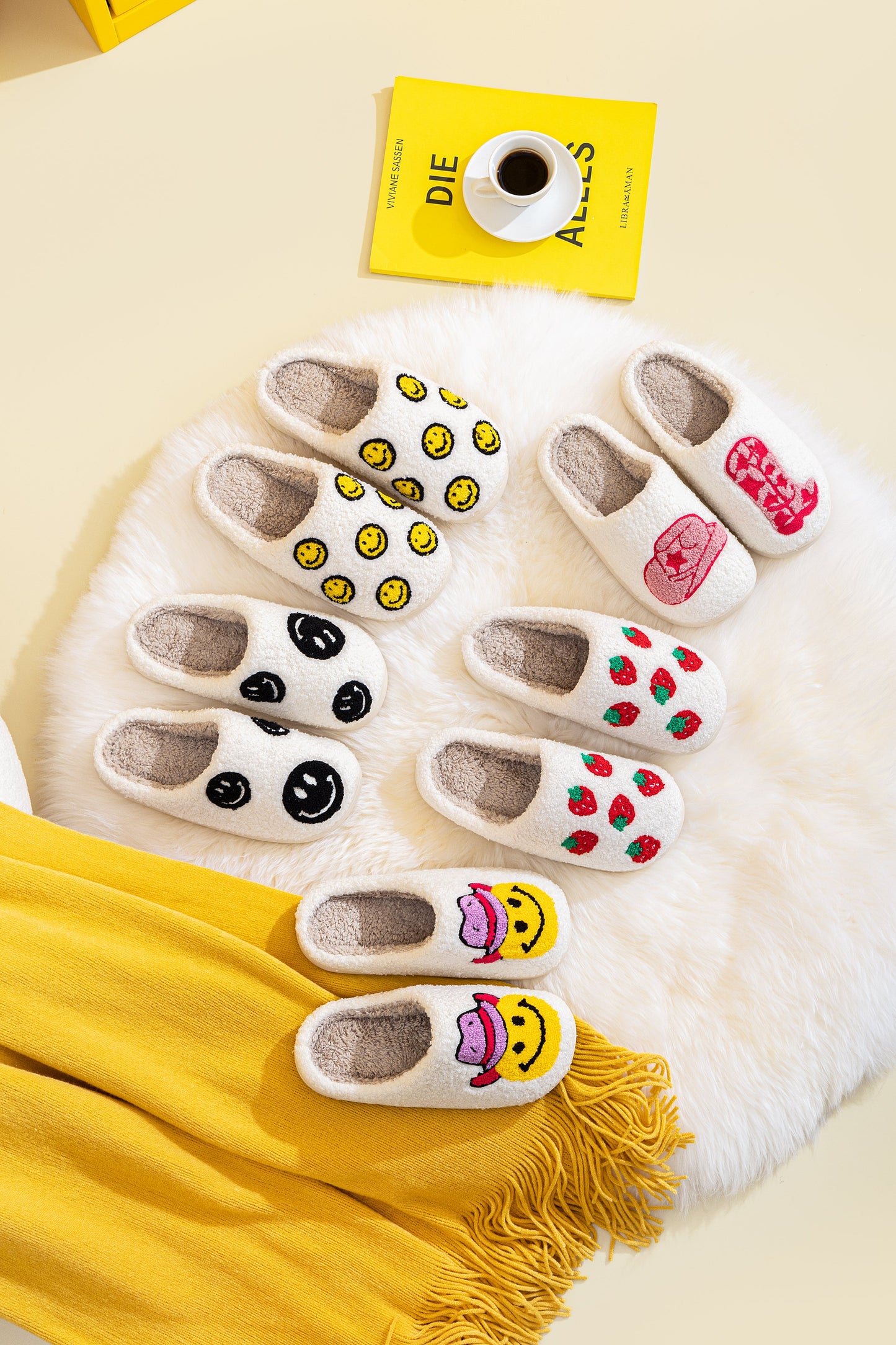 Smile Face Dot Illustrated Comfort Cozy Plush Fluffy Fur Slip On Cushion Slippers