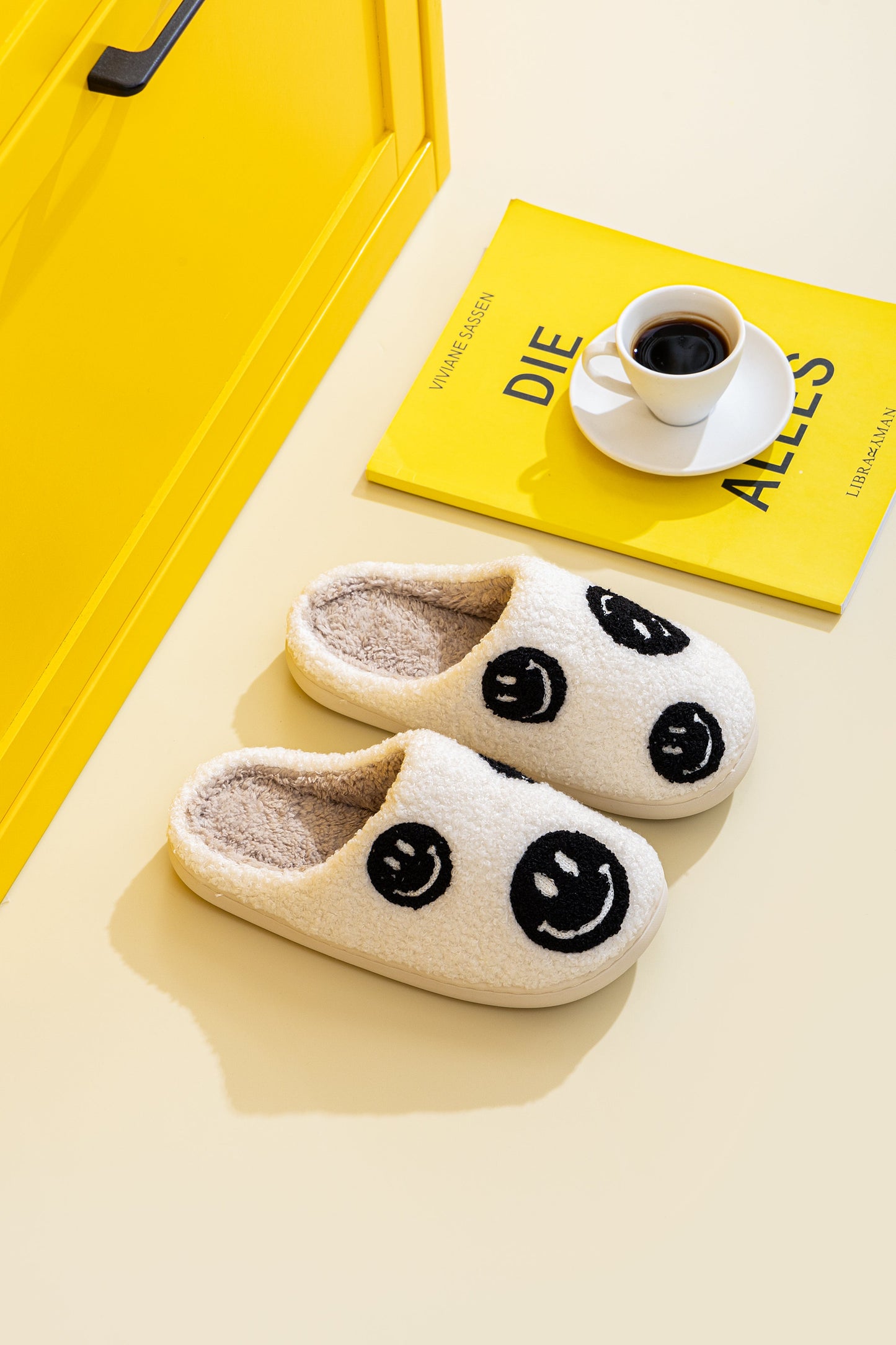 Smile Face Dot Illustrated Comfort Cozy Plush Fluffy Fur Slip On Cushion Slippers