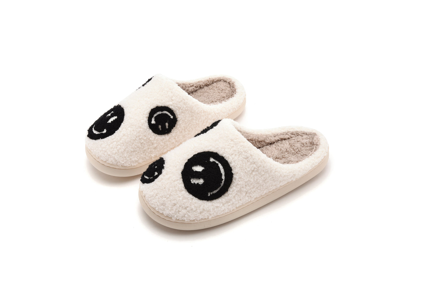 Smile Face Dot Illustrated Comfort Cozy Plush Fluffy Fur Slip On Cushion Slippers