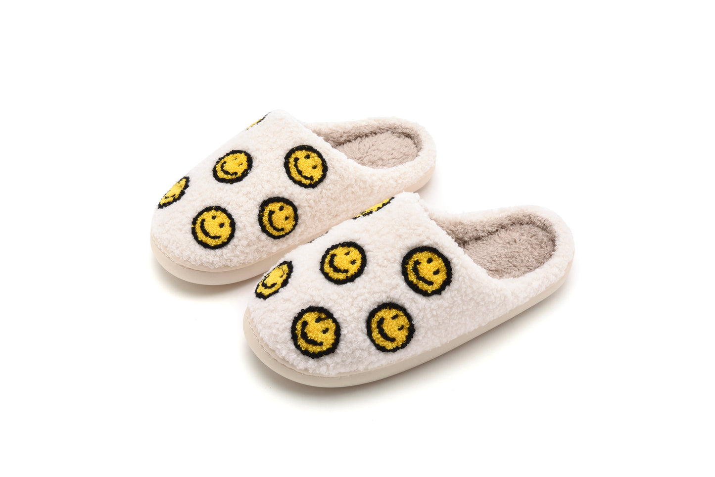 Smile Face Dot Illustrated Comfort Cozy Plush Fluffy Fur Slip On Cushion Slippers