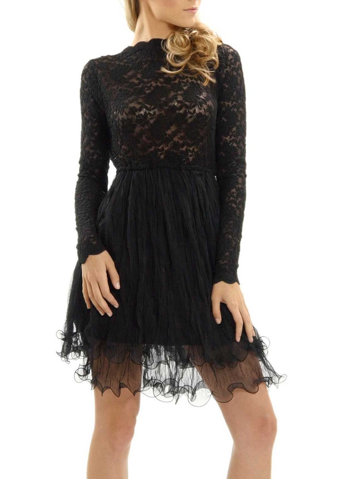 Embossed Lace Long Sleeve Dress with Crinkled Double Mesh Skirt - Shop Lev