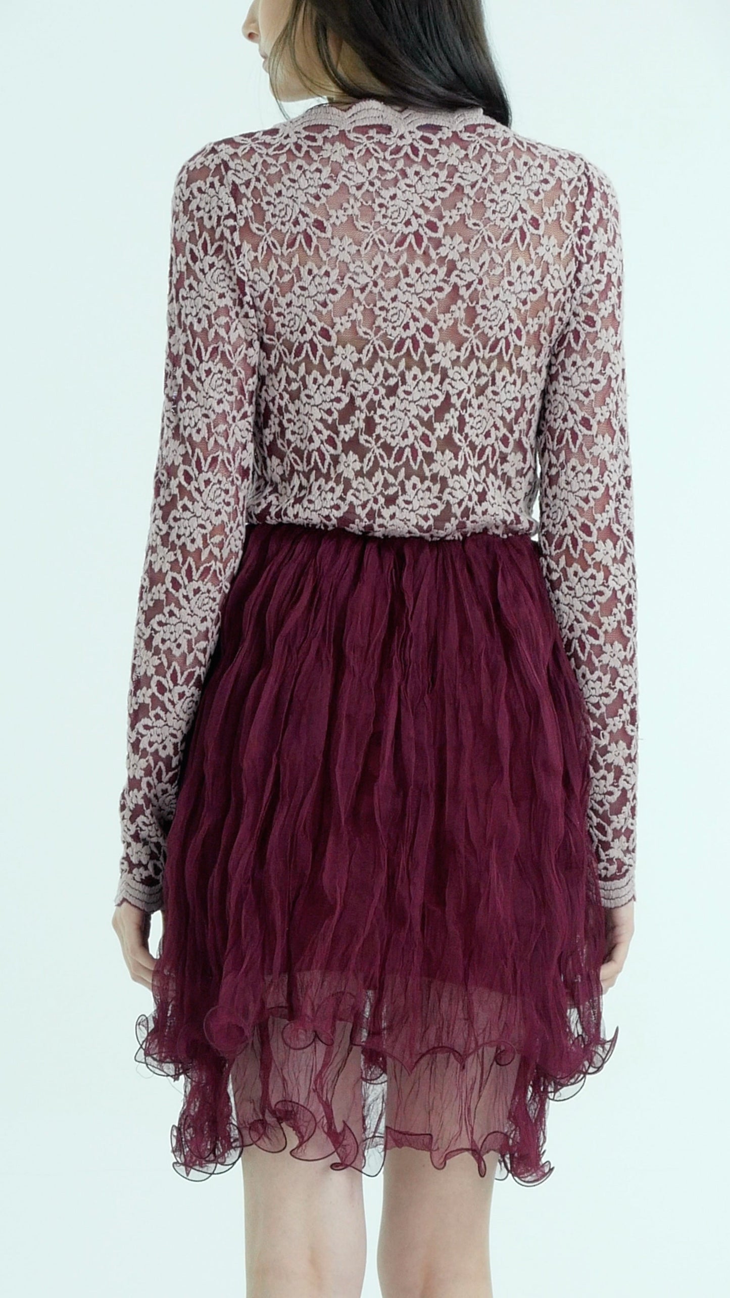 Embossed Lace Long Sleeve Dress with Crinkled Double Mesh Skirt - Shop Lev