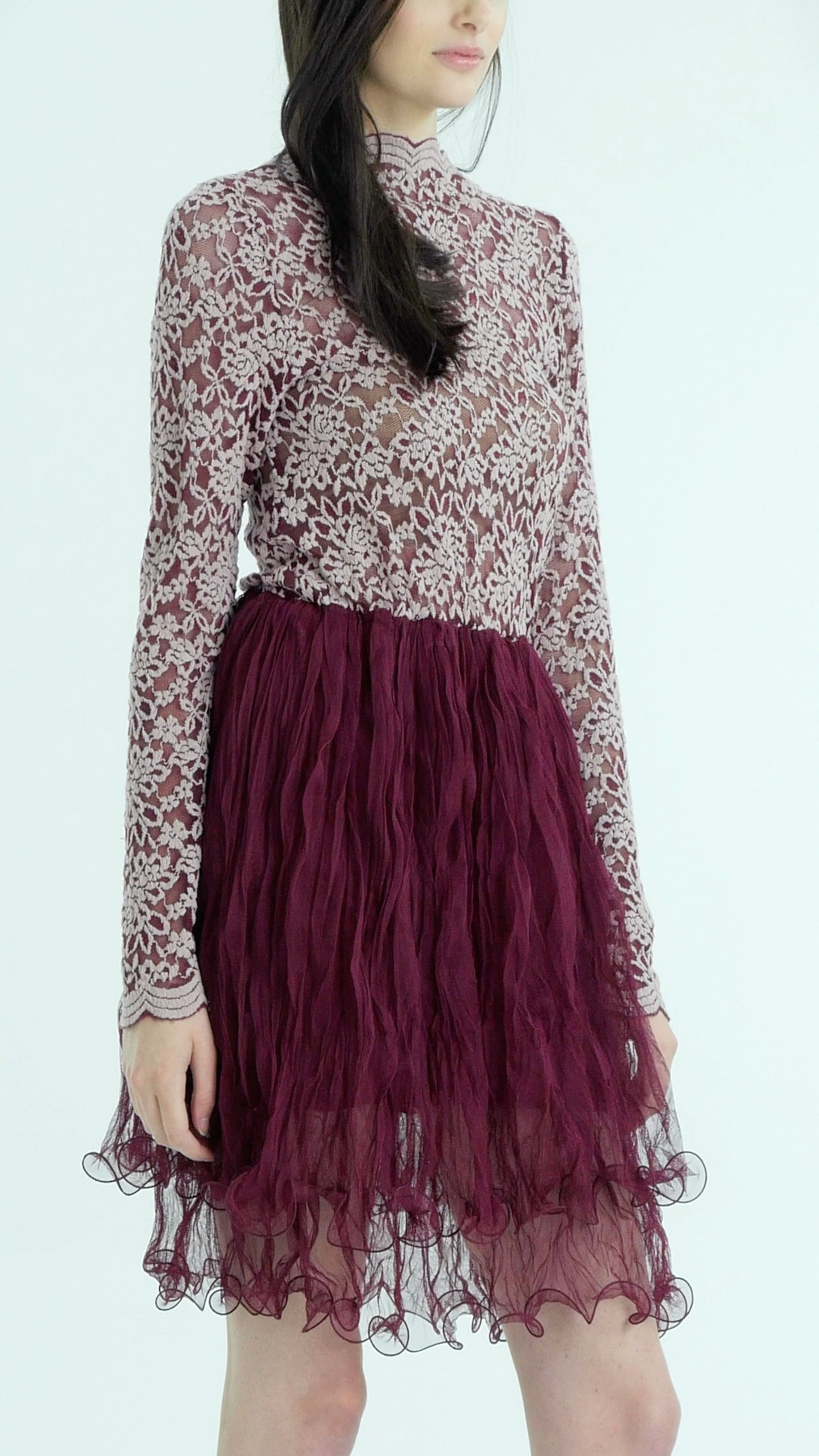 Embossed Lace Long Sleeve Dress with Crinkled Double Mesh Skirt - Shop Lev
