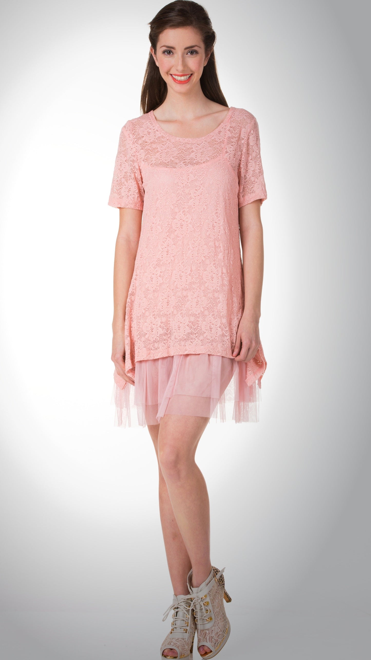 Lace Short Sleeve Dress with Mesh Slip - Shop Lev
