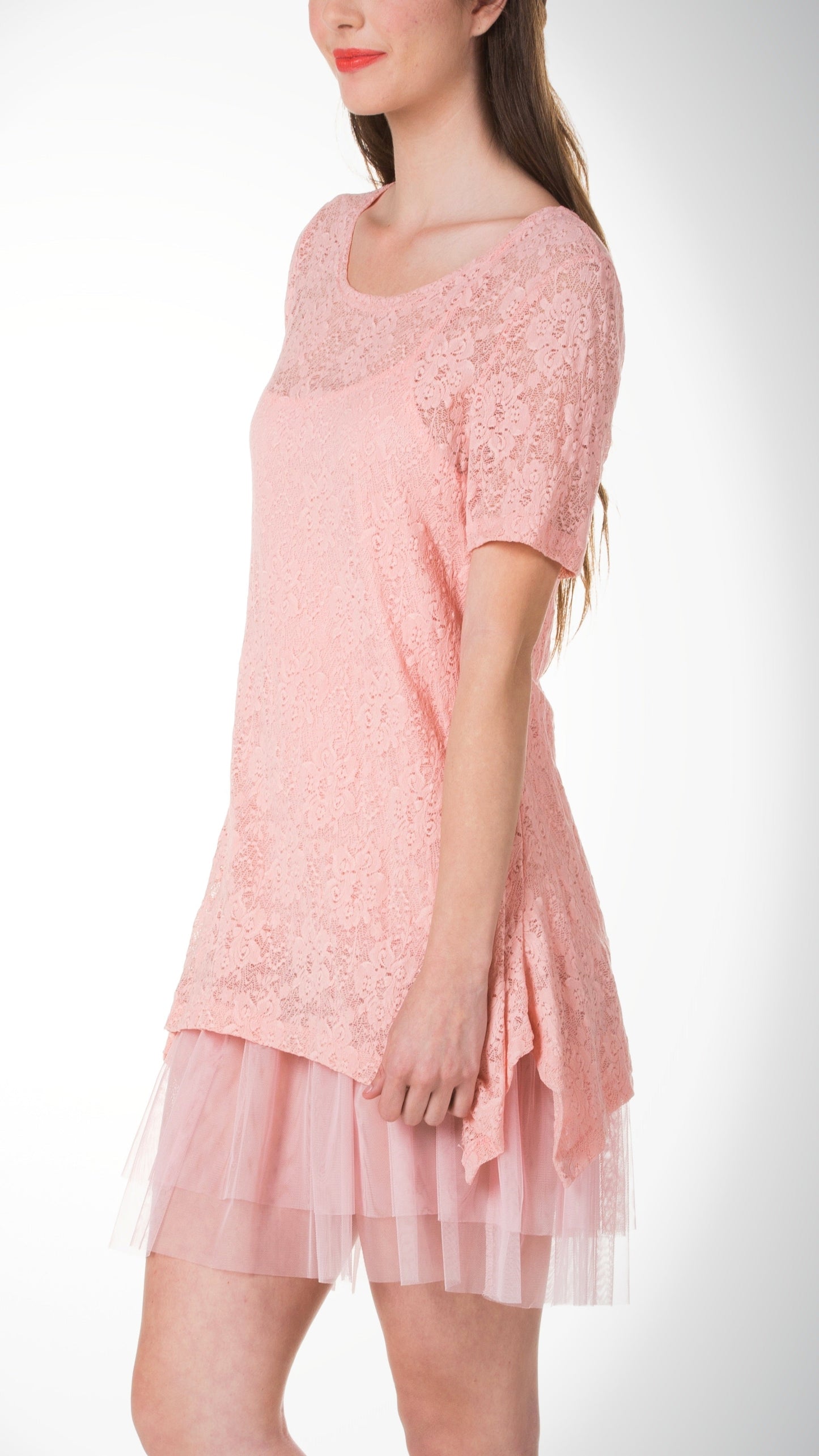 Lace Short Sleeve Dress with Mesh Slip - Shop Lev