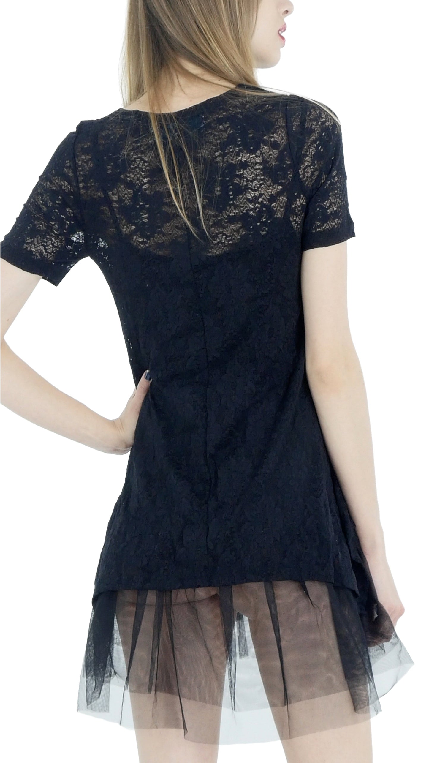 Lace Short Sleeve Dress with Mesh Slip - Shop Lev