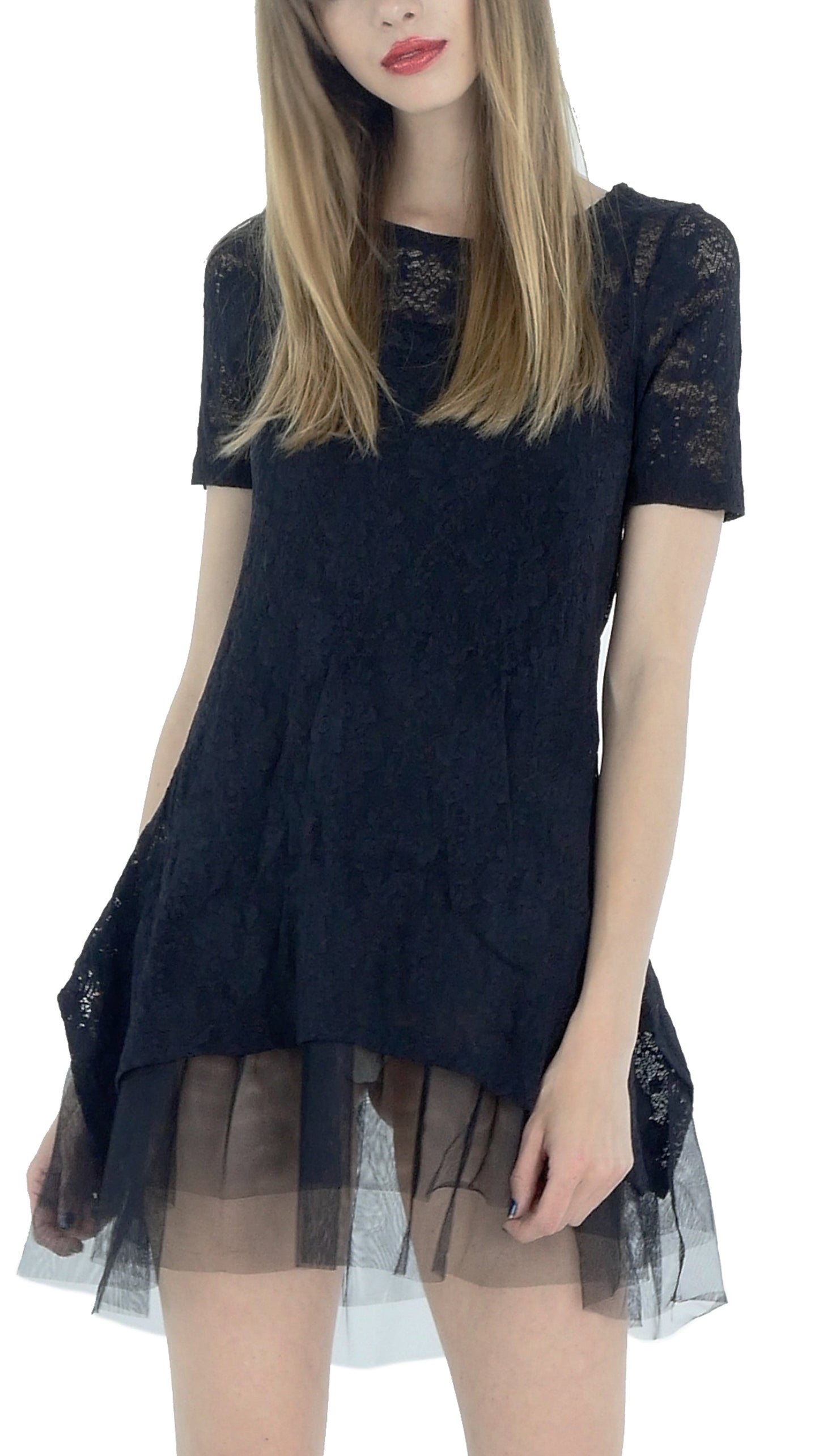 Lace Short Sleeve Dress with Mesh Slip - Shop Lev