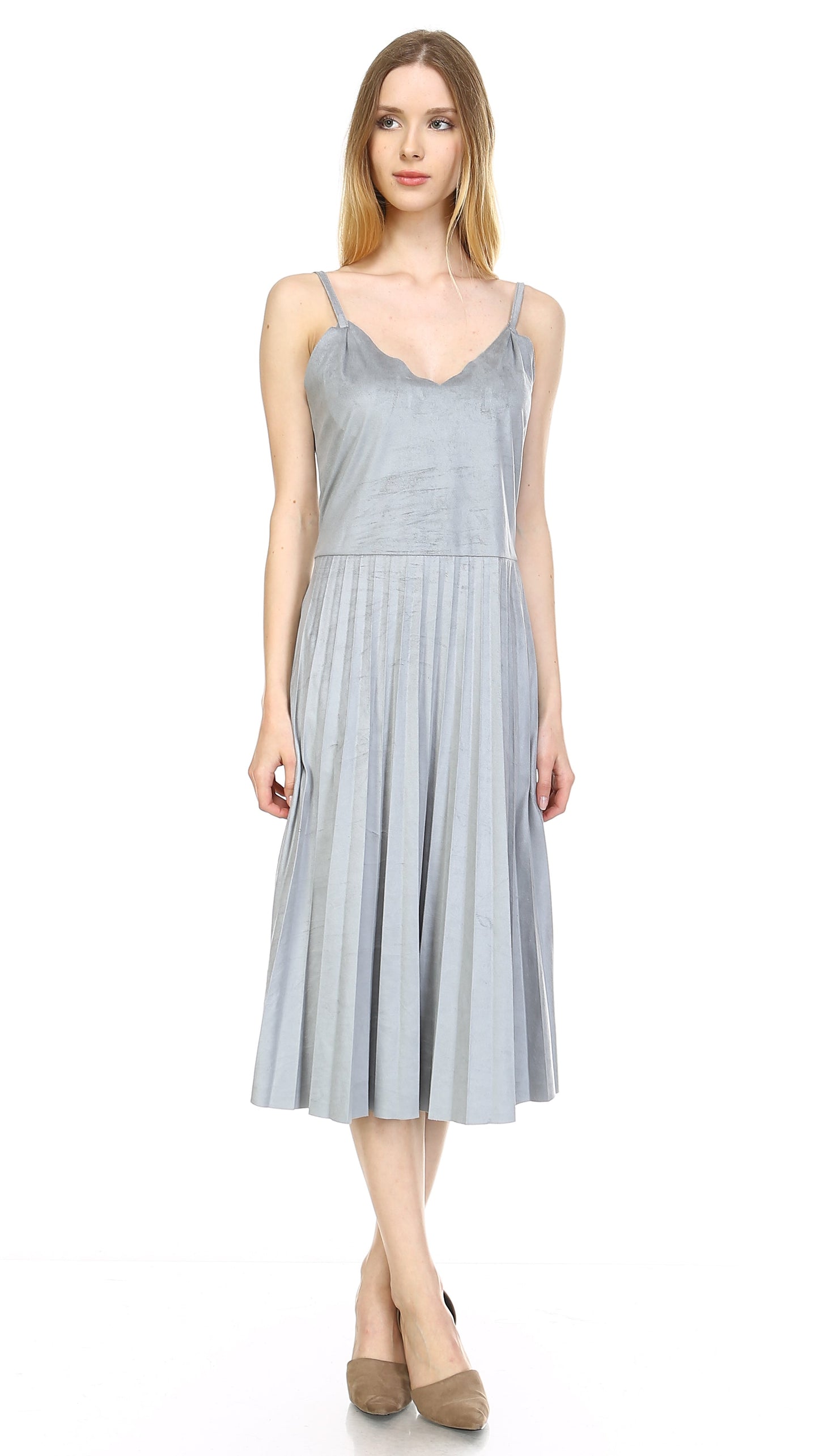 V Neck Swede Pleated Dress - Shop Lev