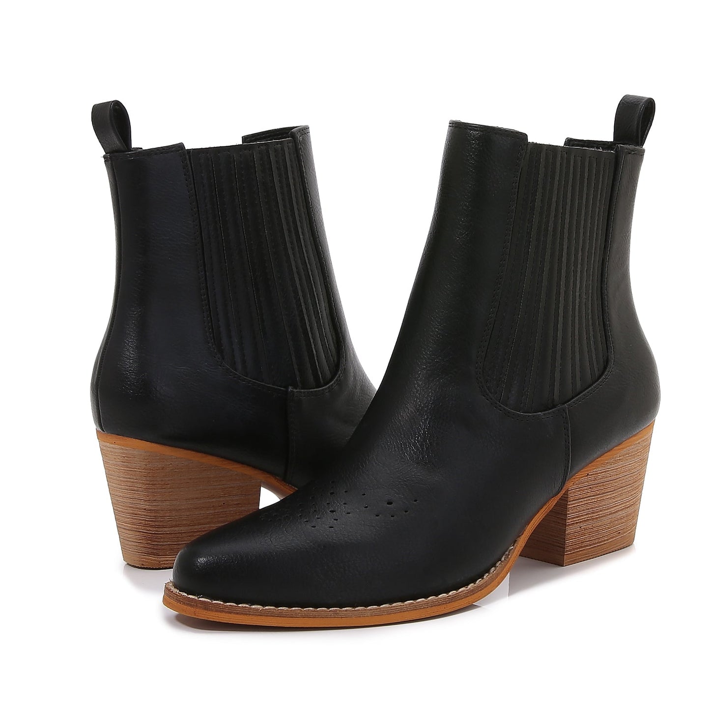 Women PU Leather Perforated Front Stacked Heel Ankle Boots with Elastic Side Gussets