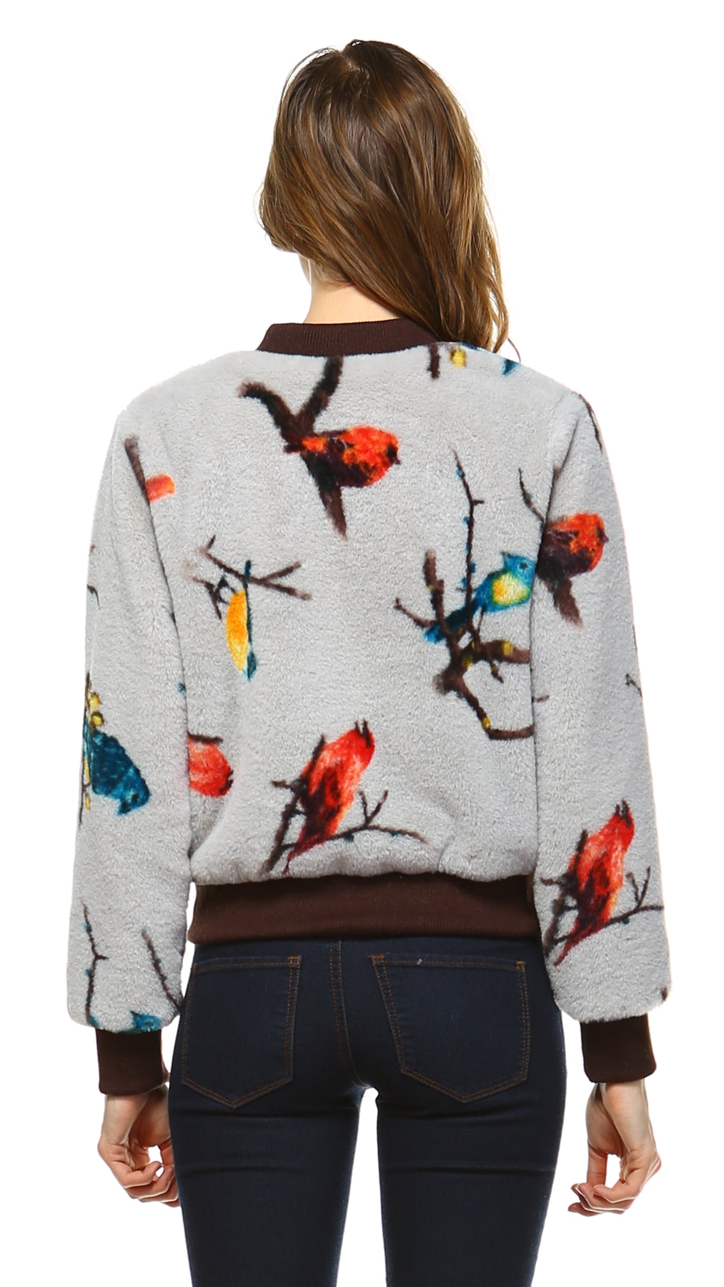 Women Faux Fur Bird Print Bomber Jacket - Shop Lev