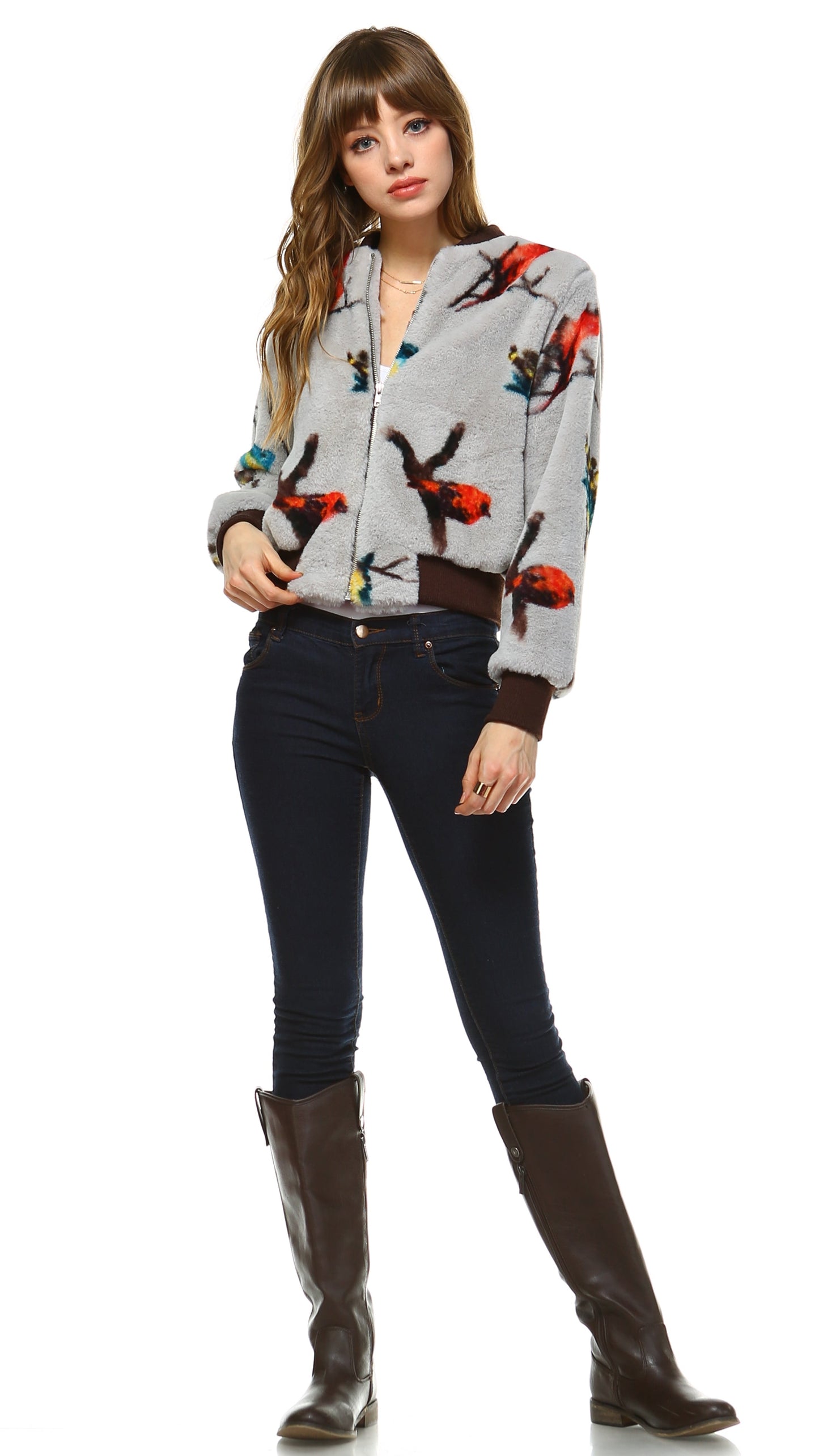 Women Faux Fur Bird Print Bomber Jacket - Shop Lev