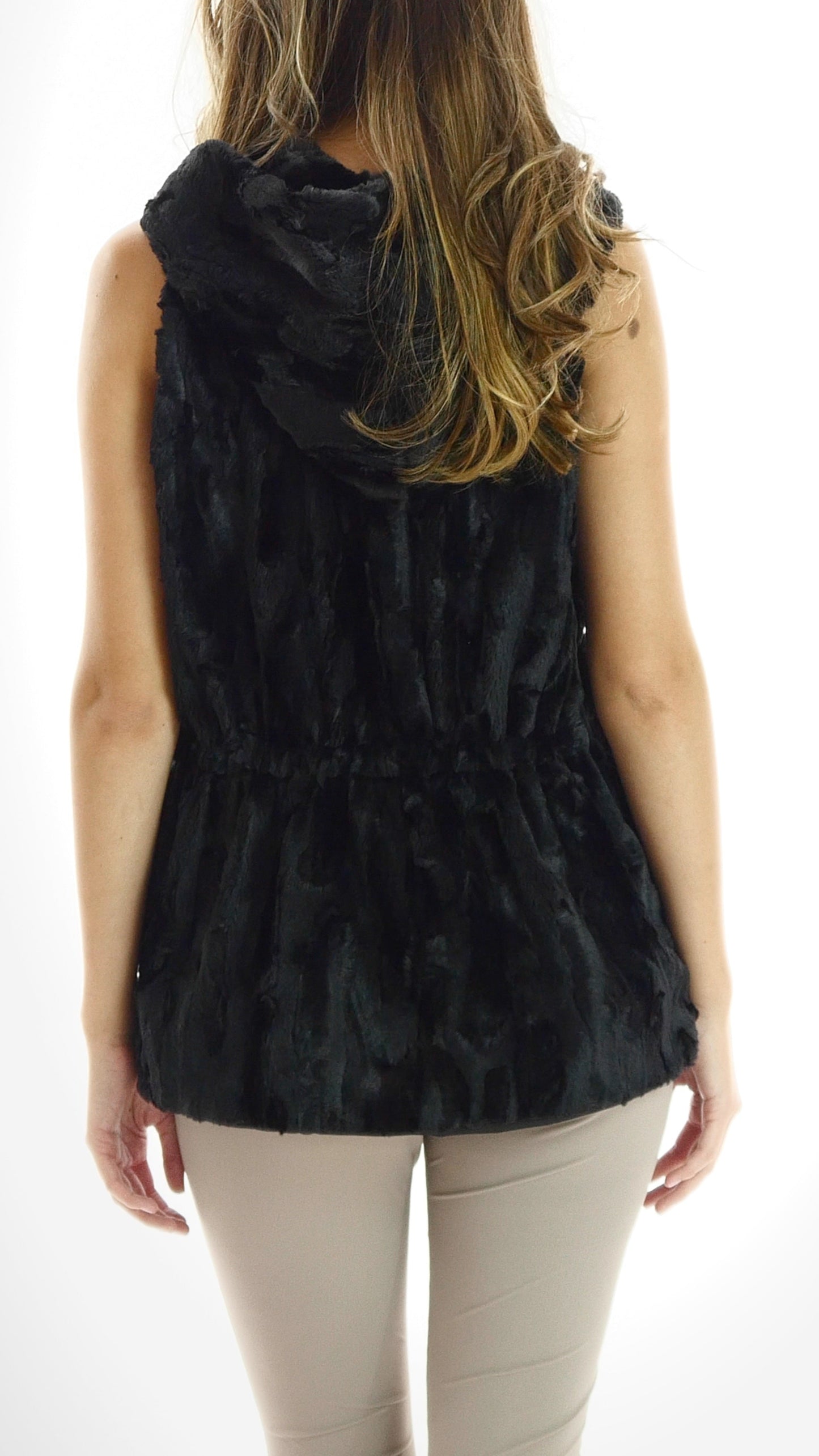 Faux Fur Casual Hoodie Vest with Elastic Strings - Shop Lev