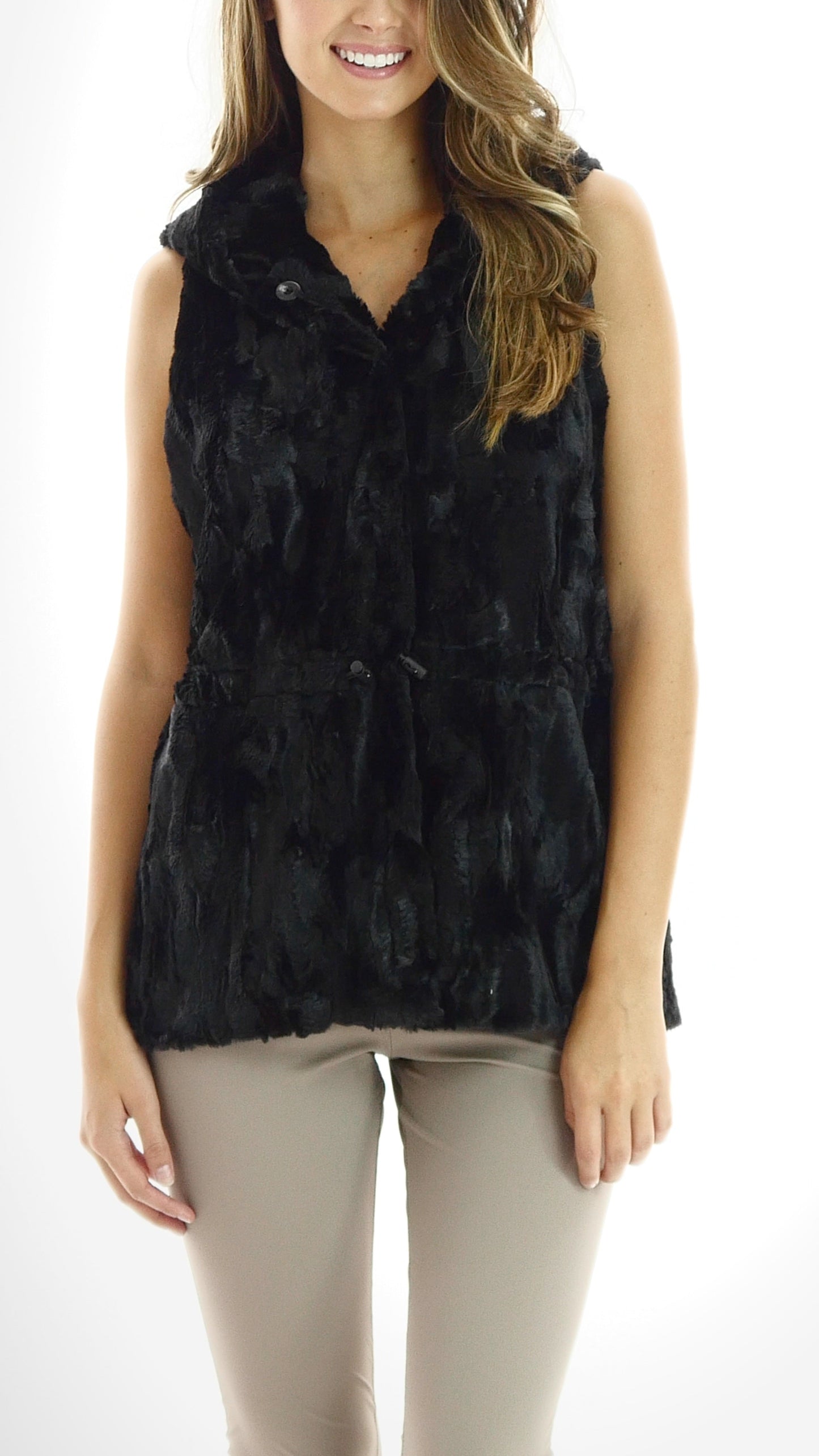 Faux Fur Casual Hoodie Vest with Elastic Strings - Shop Lev