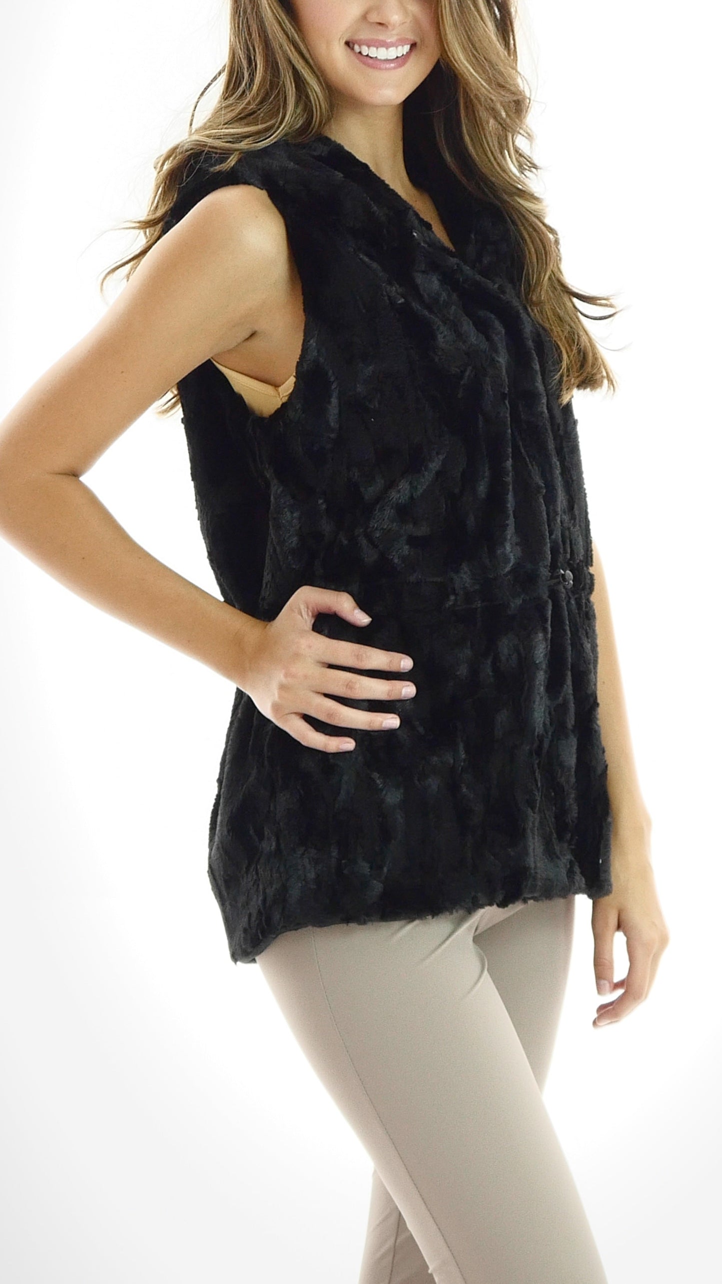 Faux Fur Casual Hoodie Vest with Elastic Strings - Shop Lev