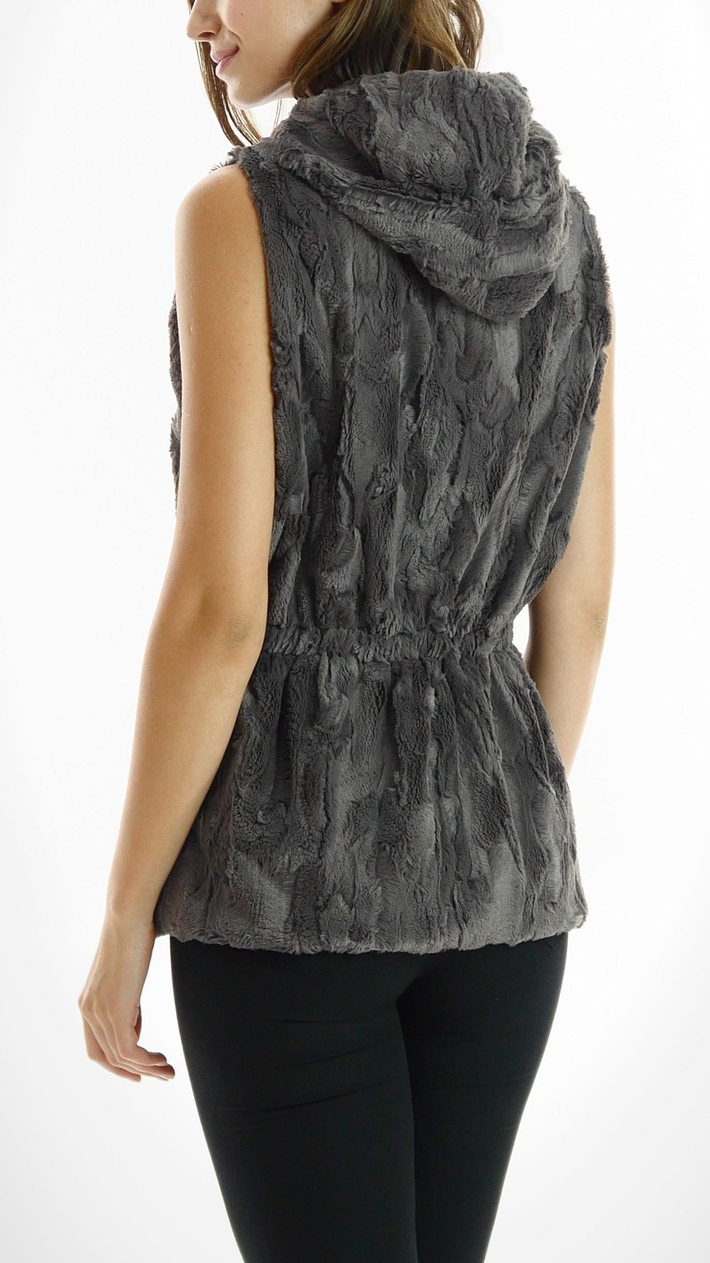 Faux Fur Casual Hoodie Vest with Elastic Strings - Shop Lev