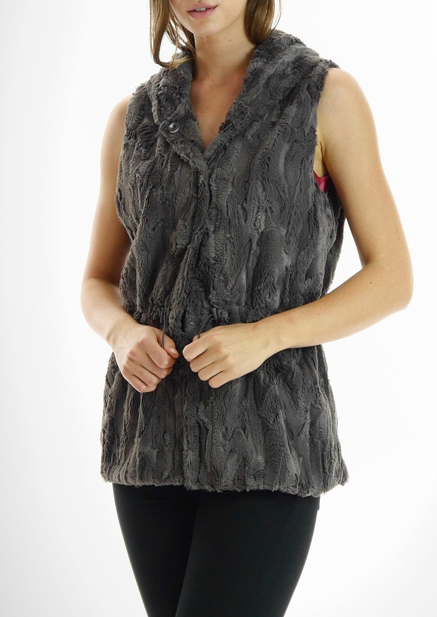 Faux Fur Casual Hoodie Vest with Elastic Strings - Shop Lev