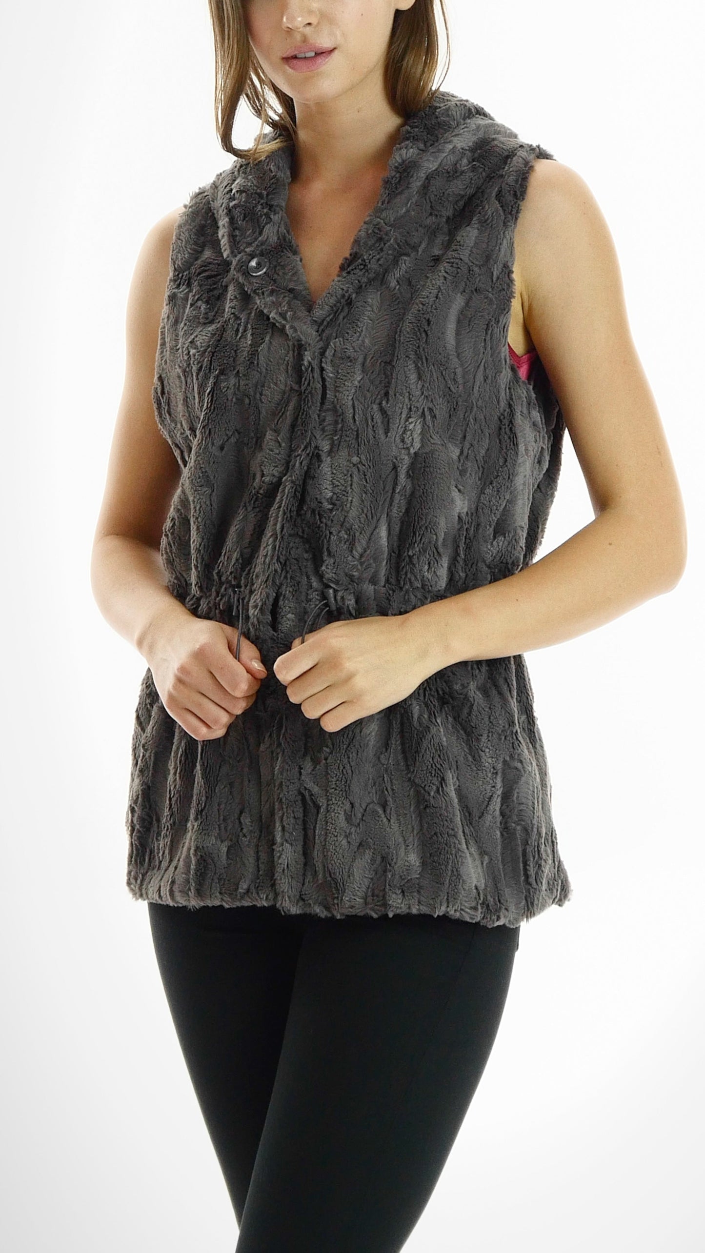 Faux Fur Casual Hoodie Vest with Elastic Strings - Shop Lev