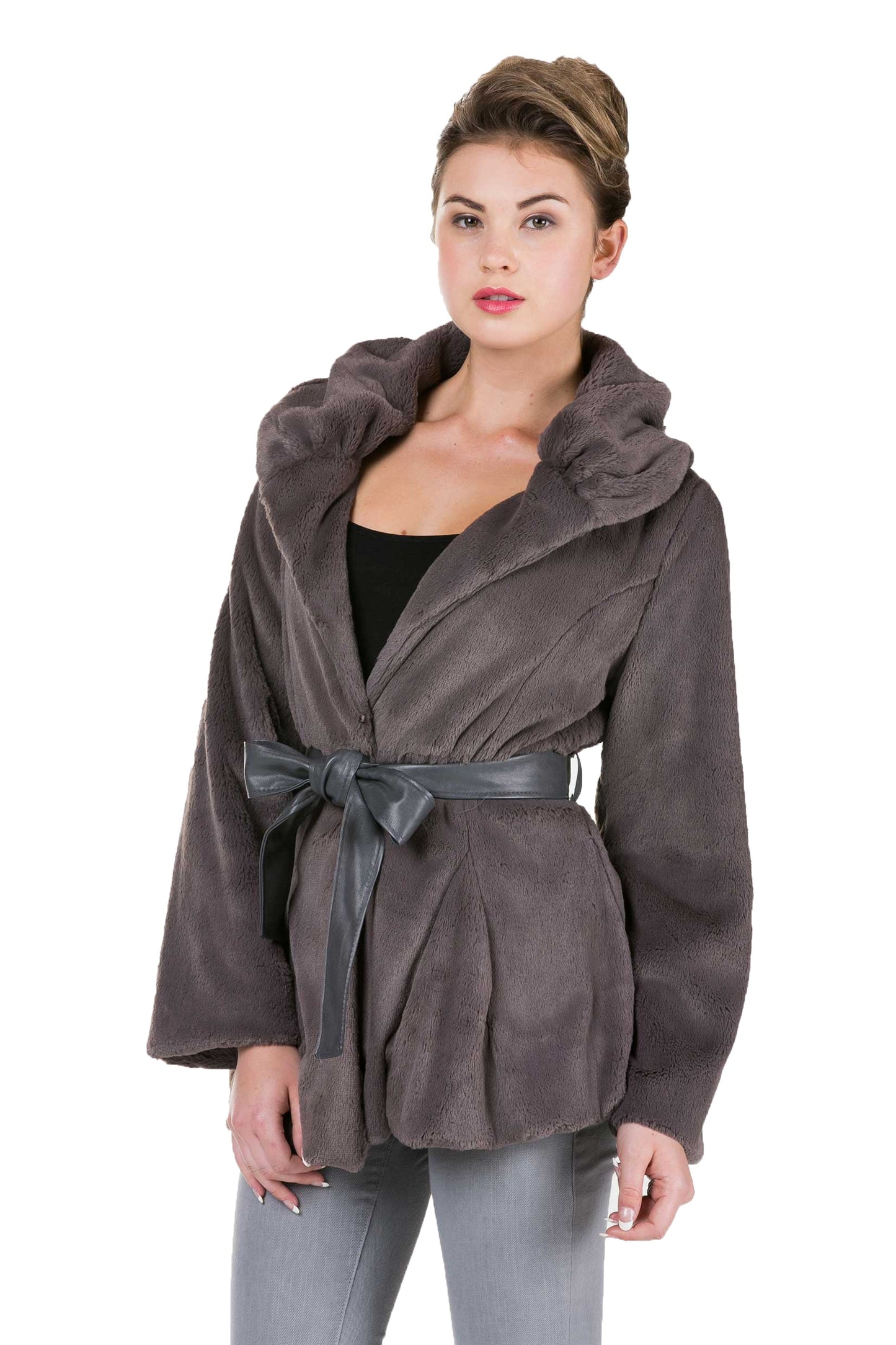 Solid Faux Fur Open Jacket with Belt - Shop Lev