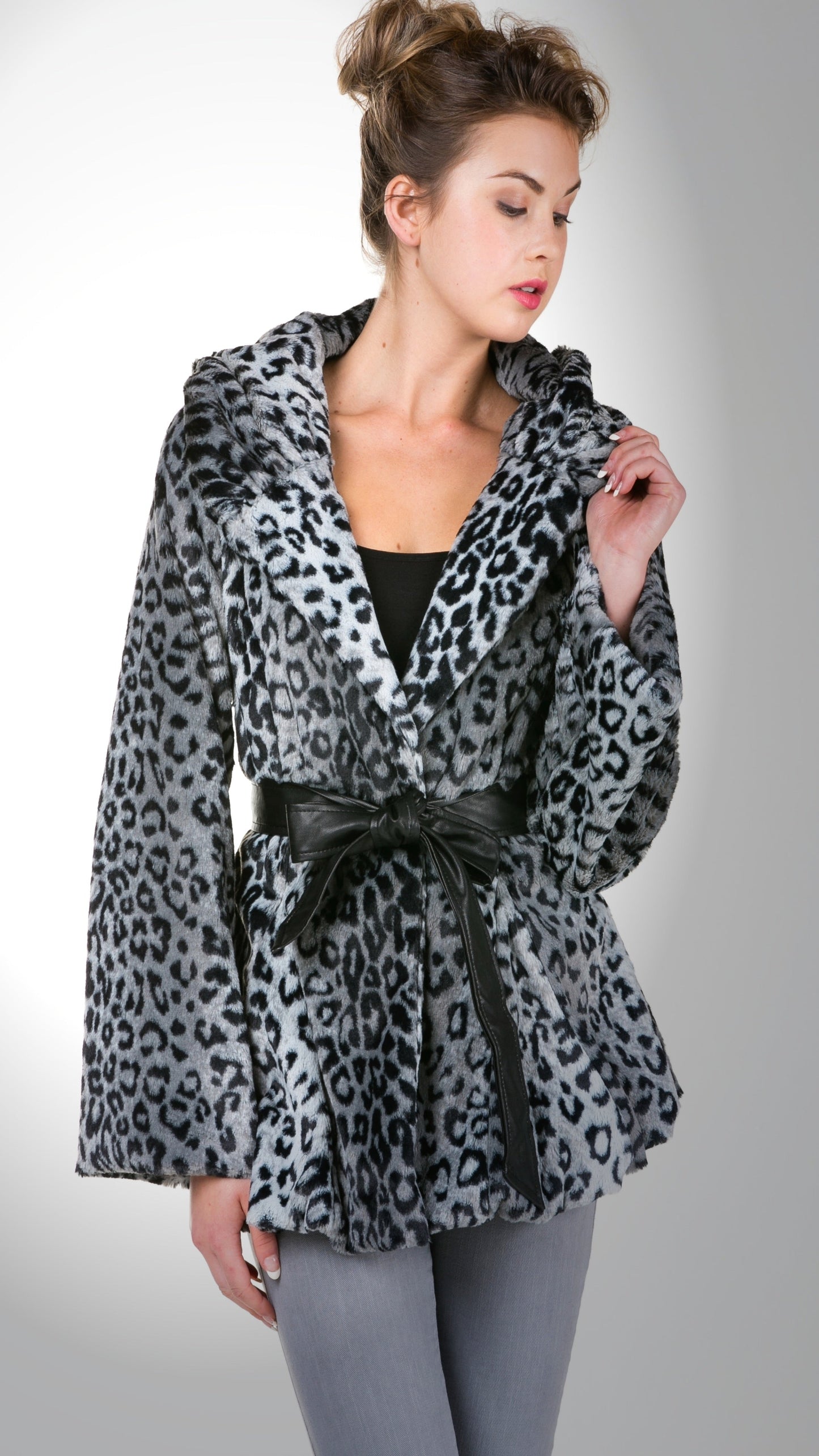 Solid Faux Fur Open Jacket with Belt - Shop Lev