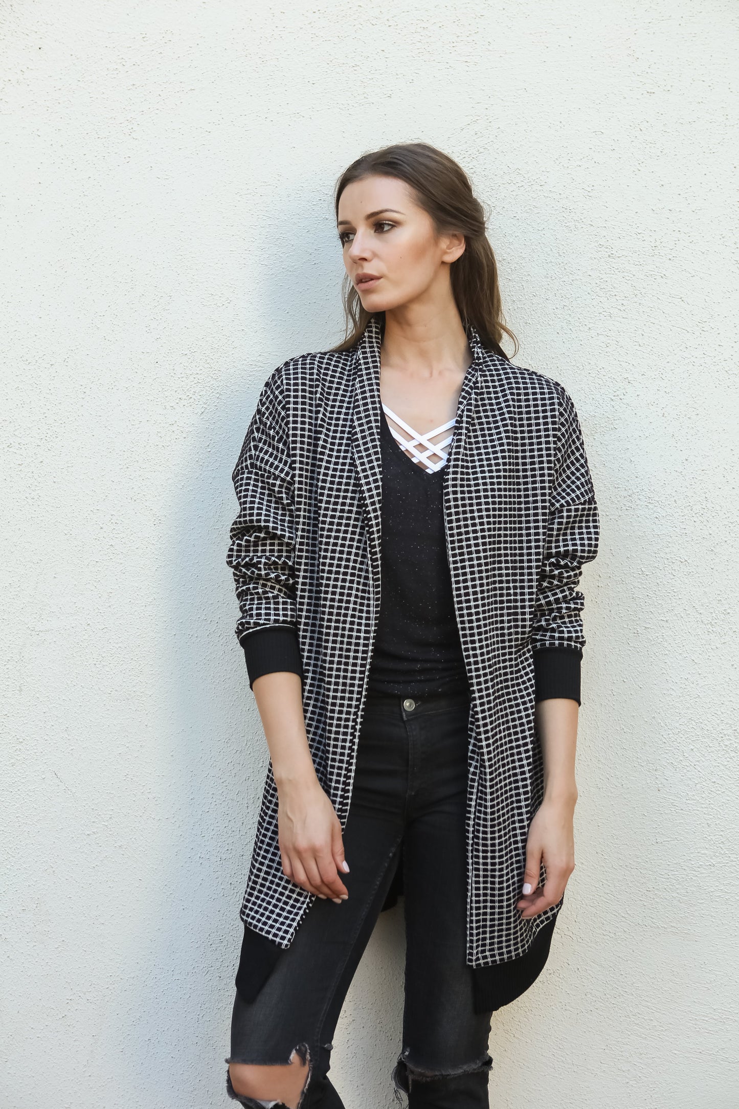 Women Gingham Checkered Casual Open Front Sweater Knit Longline Cardigan - Shop Lev